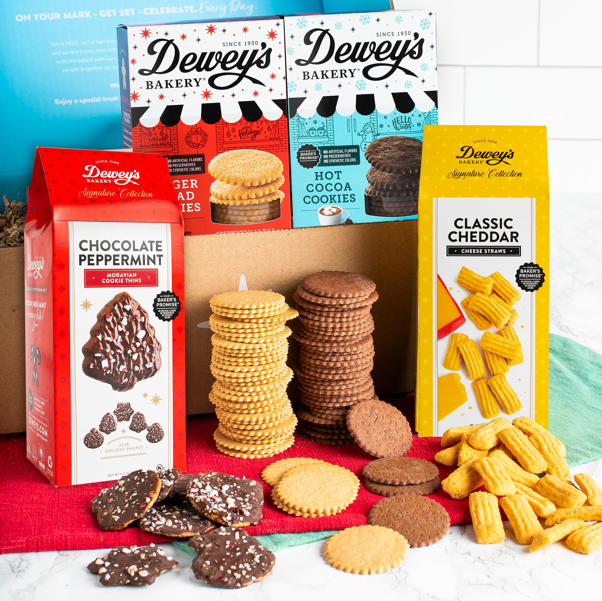 Dewey's Bakery Holiday Gift Basket - 4-Piece Assortment with Moravian Cookies, Chocolate Peppermint Cookies & Cheese Straws | Perfect Christmas Gift for Family, Friends & Office Parties
