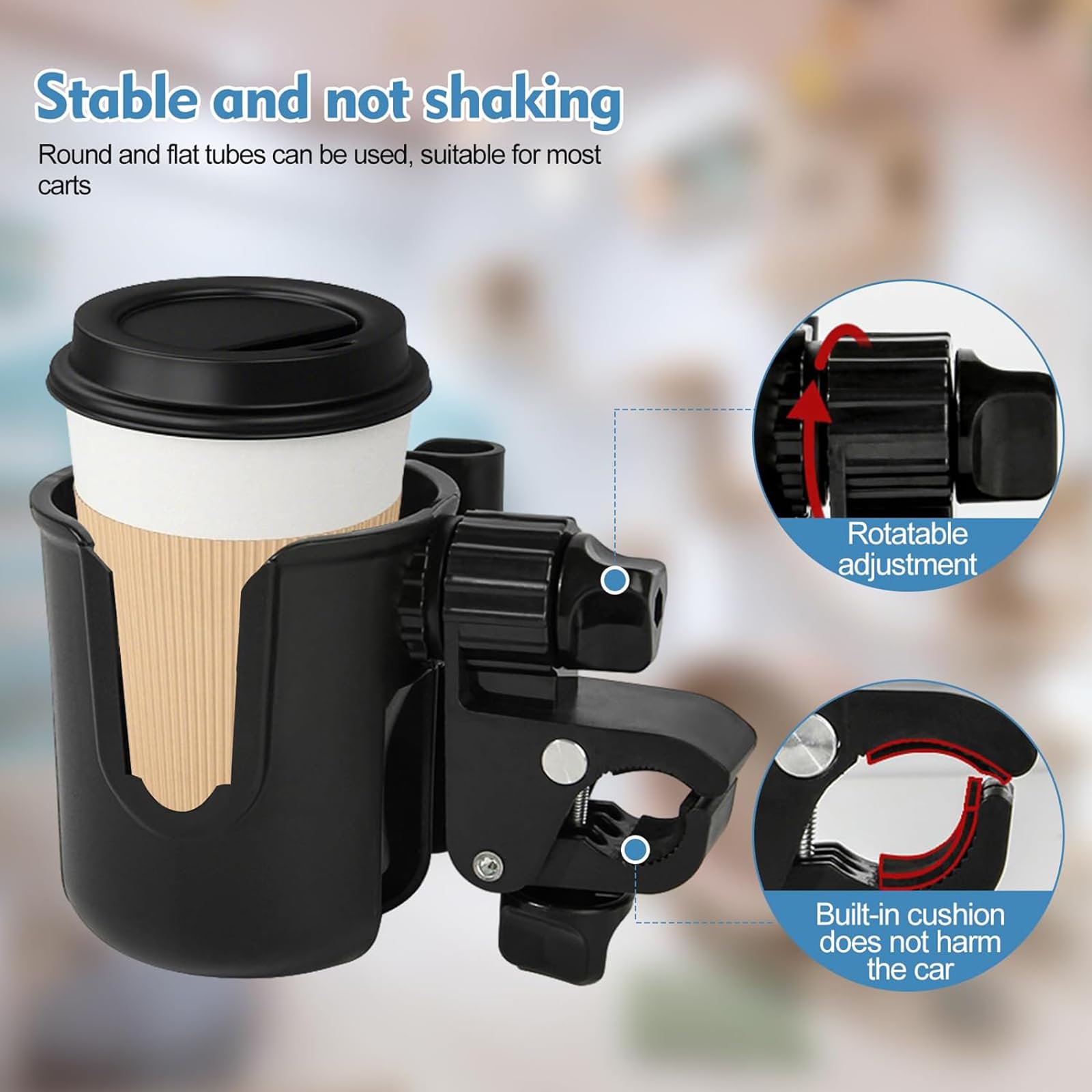 Adjustable Cup Holder with Phone Stand for Stroller, Scooter, Wheelchair, Walker & Bike - Universal Drink Holder for Mobility Devices (Black) - Perfect for Outdoor Activities, Commuting & Travel
