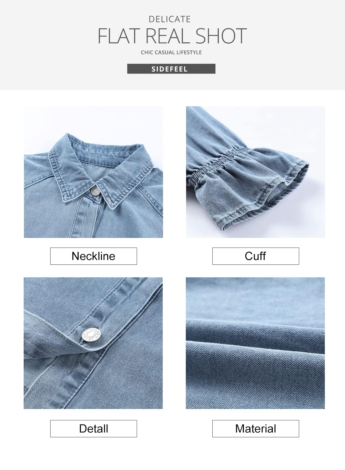 Sidefeel Women's Smocked 3/4 Sleeve Button Down Denim Jean Dress - Casual Summer Outfit for Brunch, Shopping & Date Night