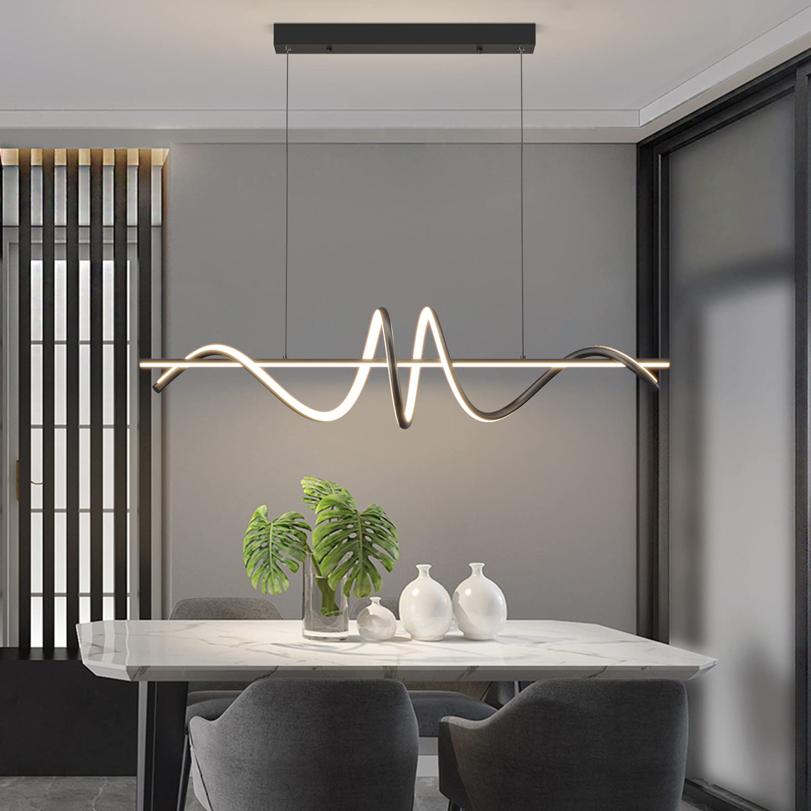 Modern LED Chandelier for Dining Room - Dimmable 3000K-6500K, Remote Control Black Spiral Pendant Light, 50W Adjustable Height Hanging Light for Kitchen Island, Restaurant & Home Decor - Perfect for Dining Areas, Living Rooms and Commercial Spaces