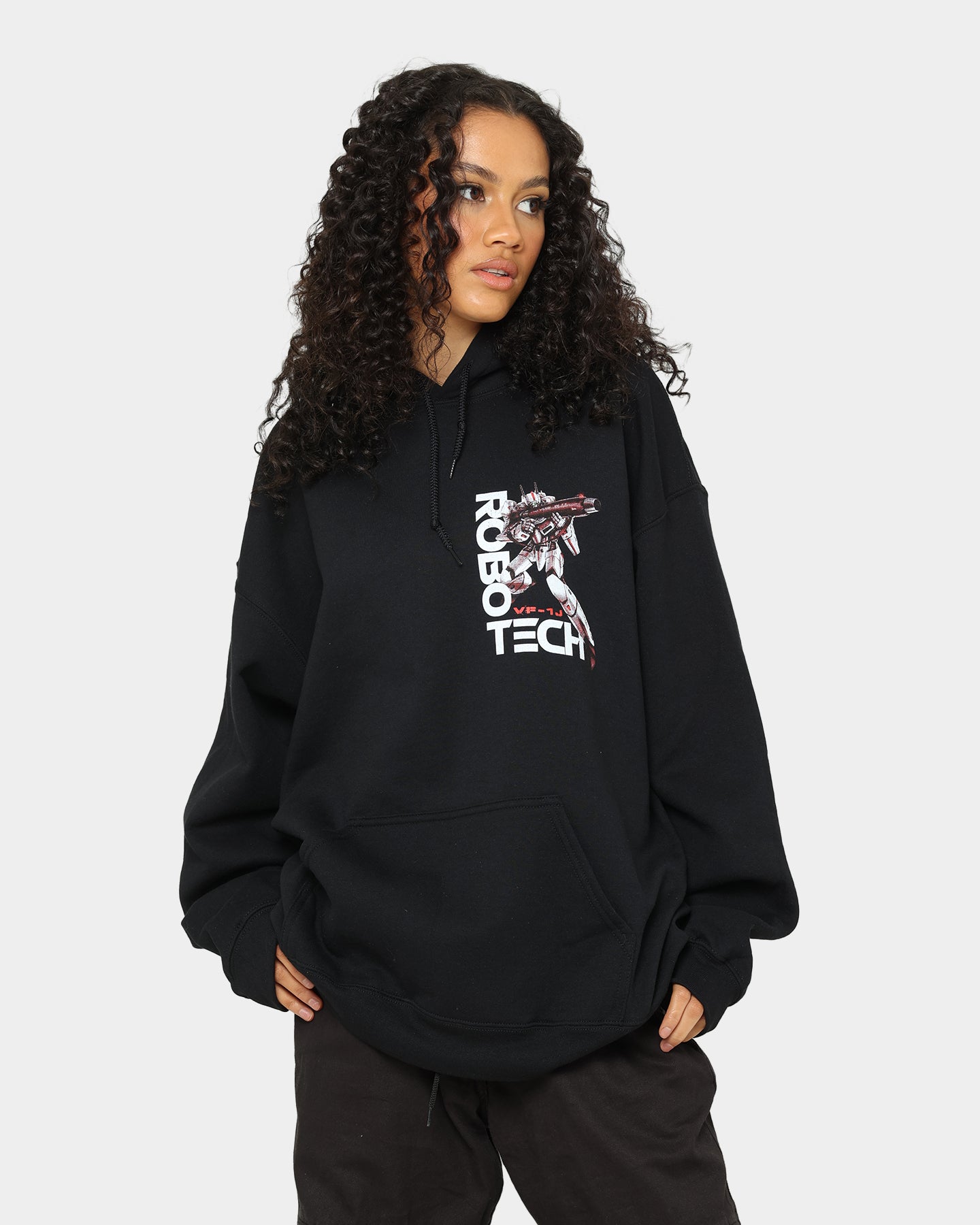 American Thrift X Robotech VF1J Black Hoodie - Stylish Anime-Inspired Pullover for Cosplay, Casual Wear & Fan Conventions