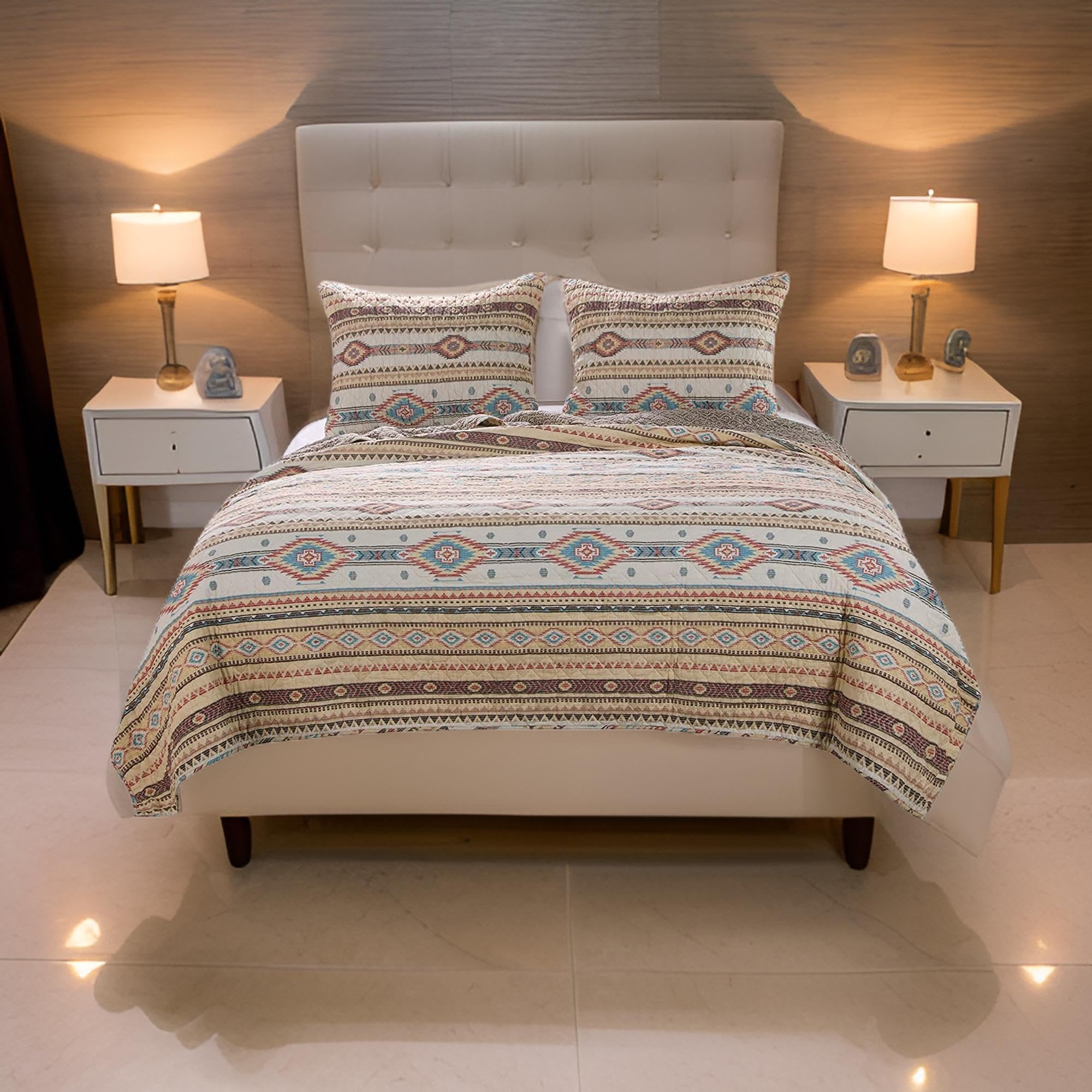 Benjara Full Size 3 Piece Polyester Quilt Set - Vibrant Kilim Pattern Bedding Collection | Perfect for Guest Rooms, Master Bedrooms & Bohemian Home Decor