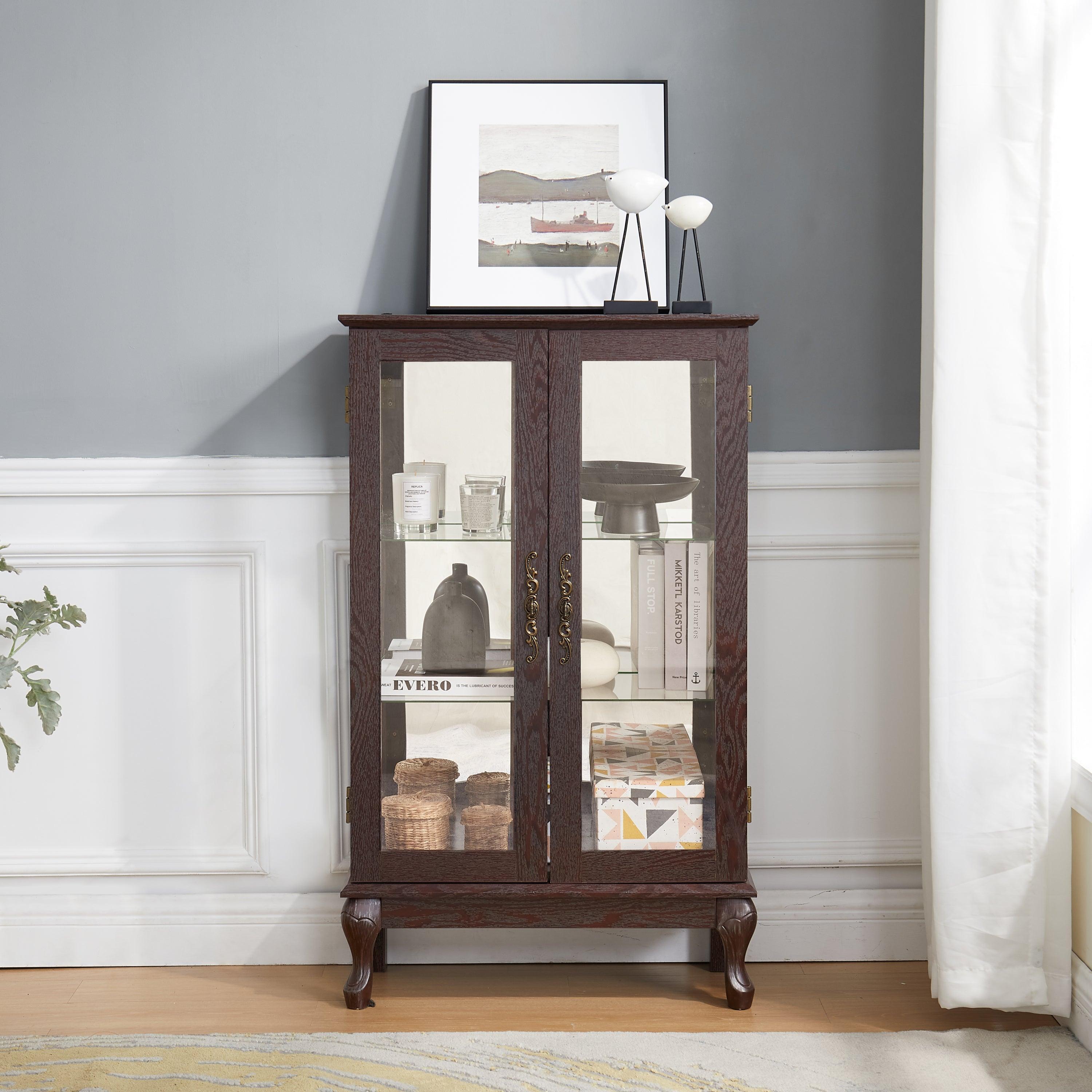 2 Door Curio Cabinet with Tempered Glass & Mirrored Back - LED Lighted Display Case for Living Room, Dining Room, Office - Showcase Collectibles, China, or Decor Items