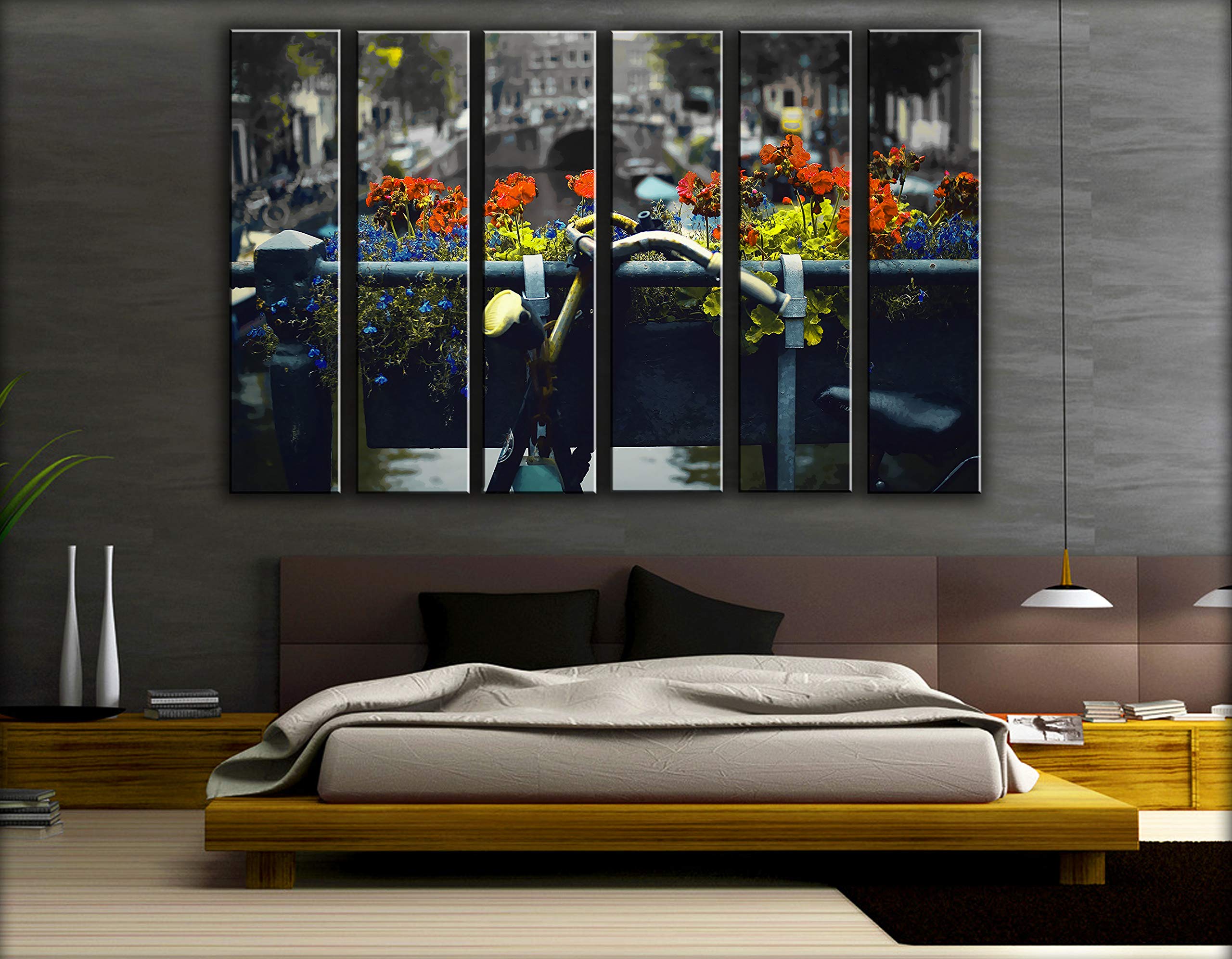 6 Piece Amsterdam Bicycle Wall Art Set - Flowers & Nature Theme Canvas Painting Prints for Living Room & Bedroom Decor - Perfect for Dutch Inspired Home Decor & Cycling Enthusiast Gifts