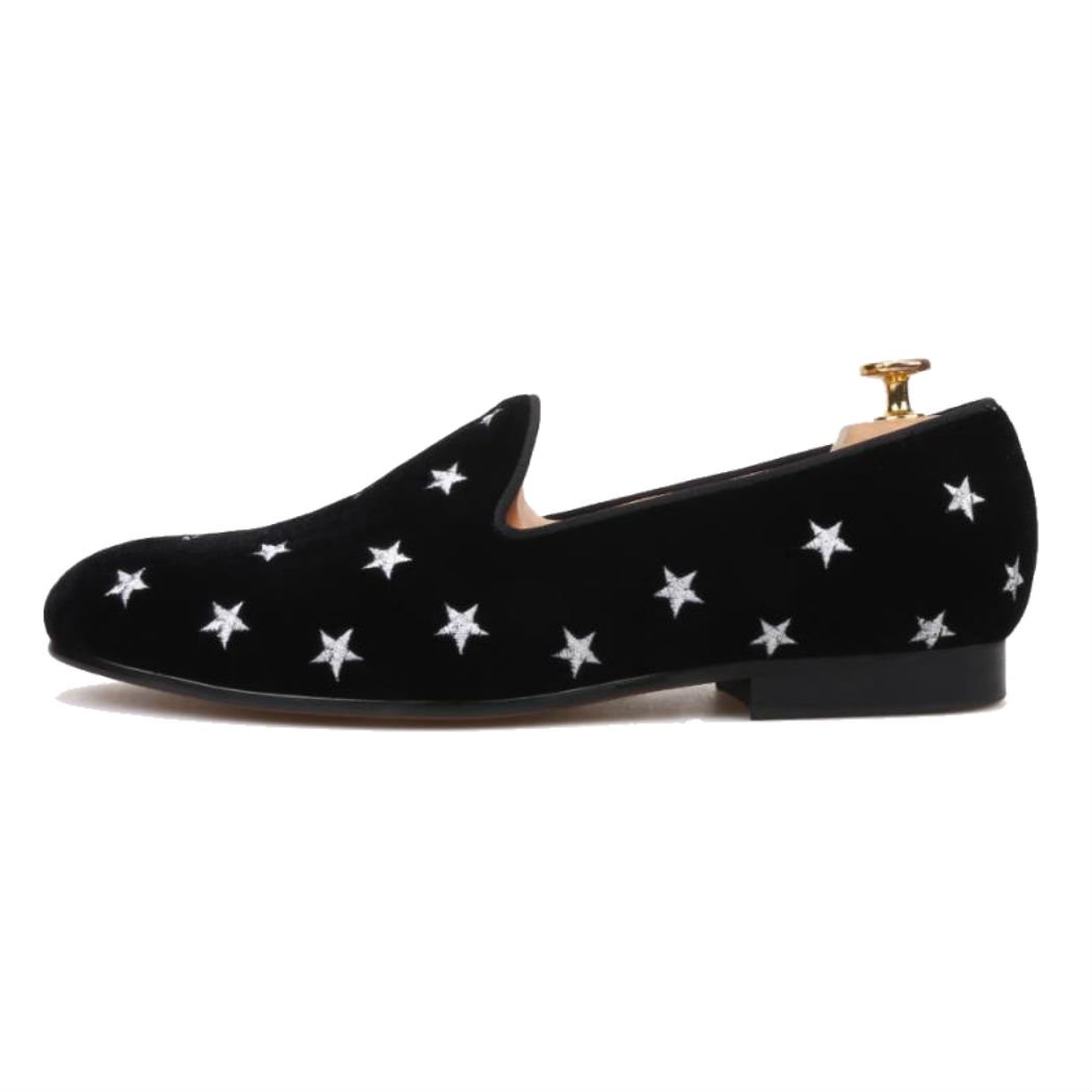 FERUCCI Handmade Men's Black Velvet Loafers with Silver Star Details - Comfortable House Slippers for Indoor/Outdoor Wear, Perfect for Lounge, Travel and Gift Giving