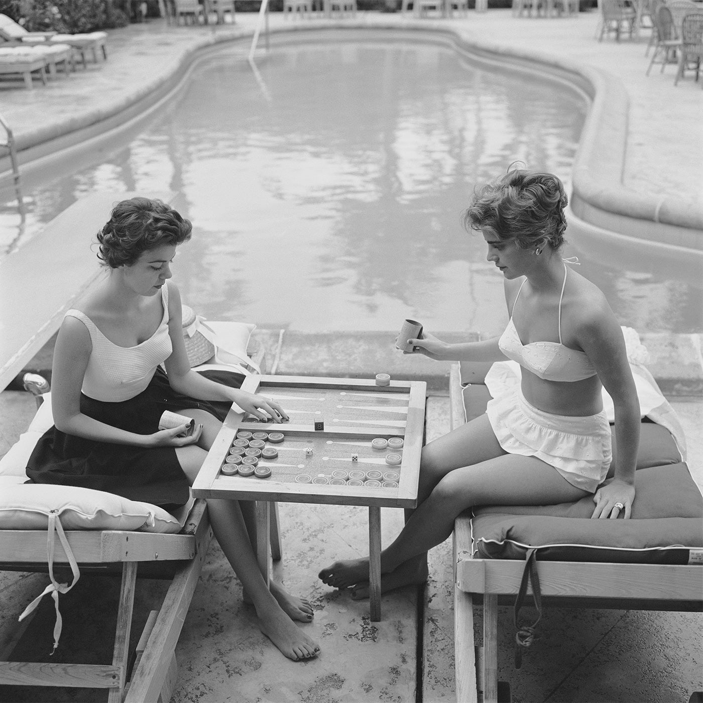 Slim Aarons Backgammon By The Pool Vintage Wall Art Print - Mid Century Modern Photography Decor for Living Room, Office & Game Room