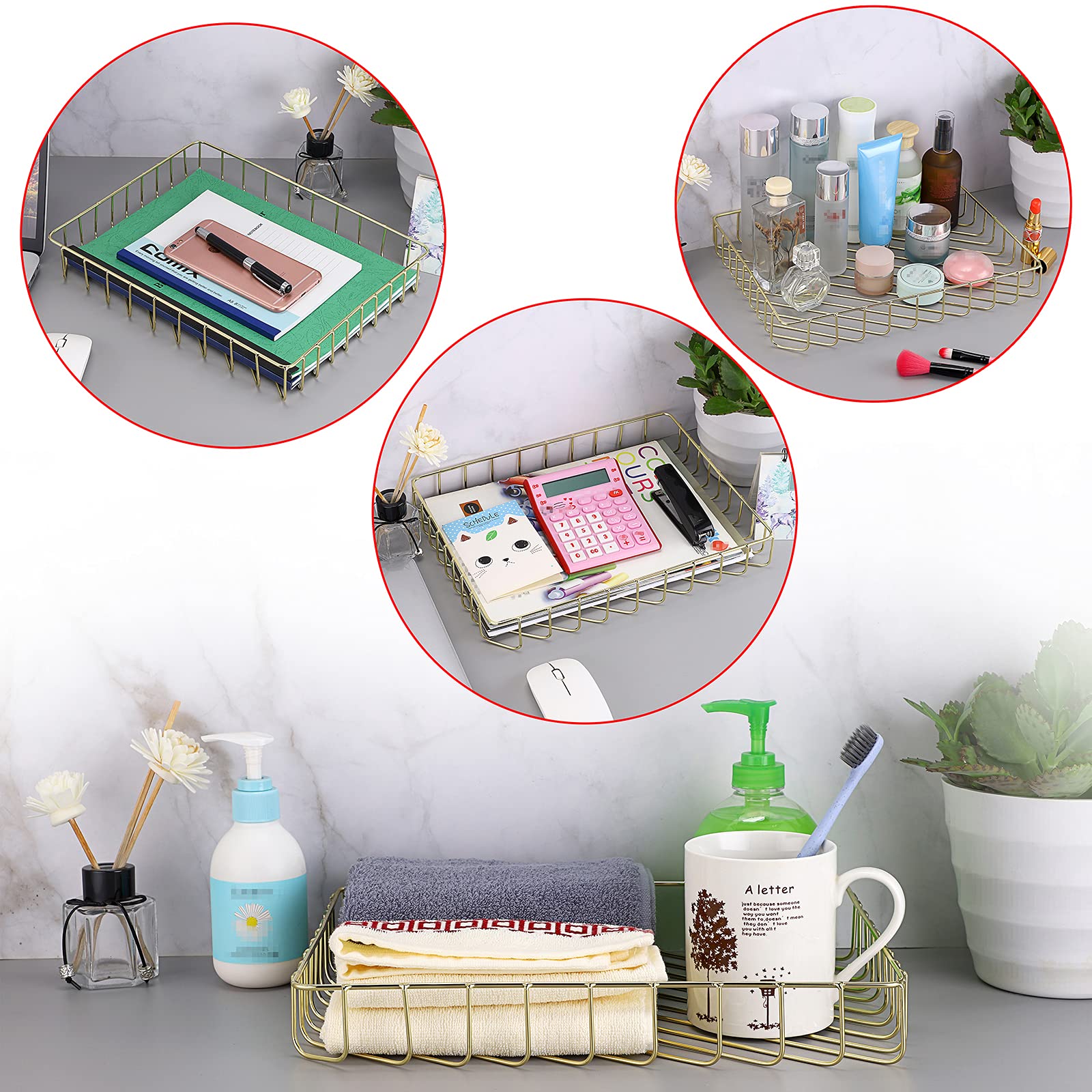 BTSKY Multipurpose A4 File Tray Organizer - Elegant Wire Desk Document Holder for Letter Size Papers, Magazines & Office Supplies - Perfect for Office, Home, Bathroom & Cosmetics Storage (Gold)