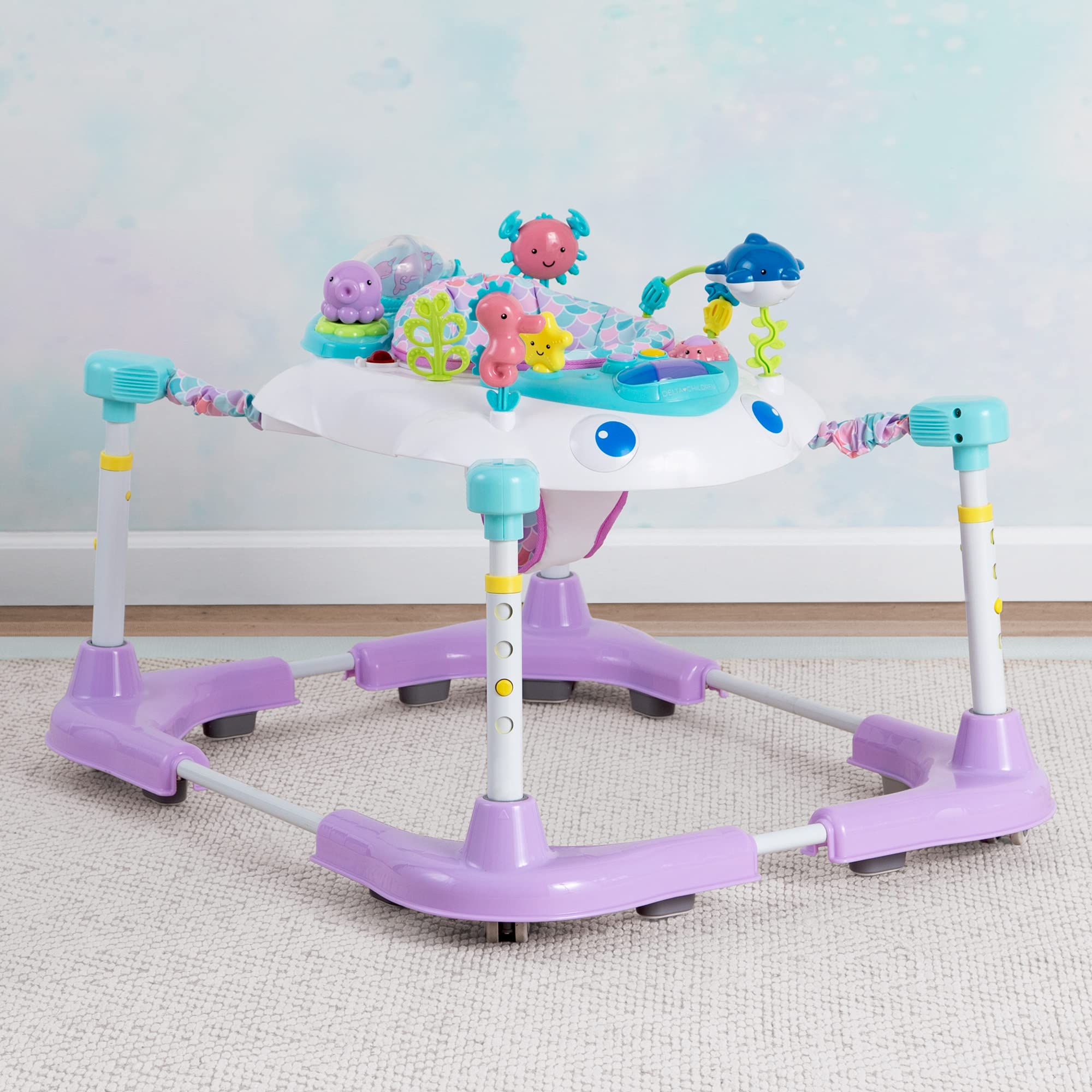 Delta Children Learn2Walk Balancer Baby Walker - Purple Ocean Adventure | Adjustable Baby Walker for Learning to Walk | Safe & Fun for Toddlers | Perfect for Home, Nursery, or Playroom