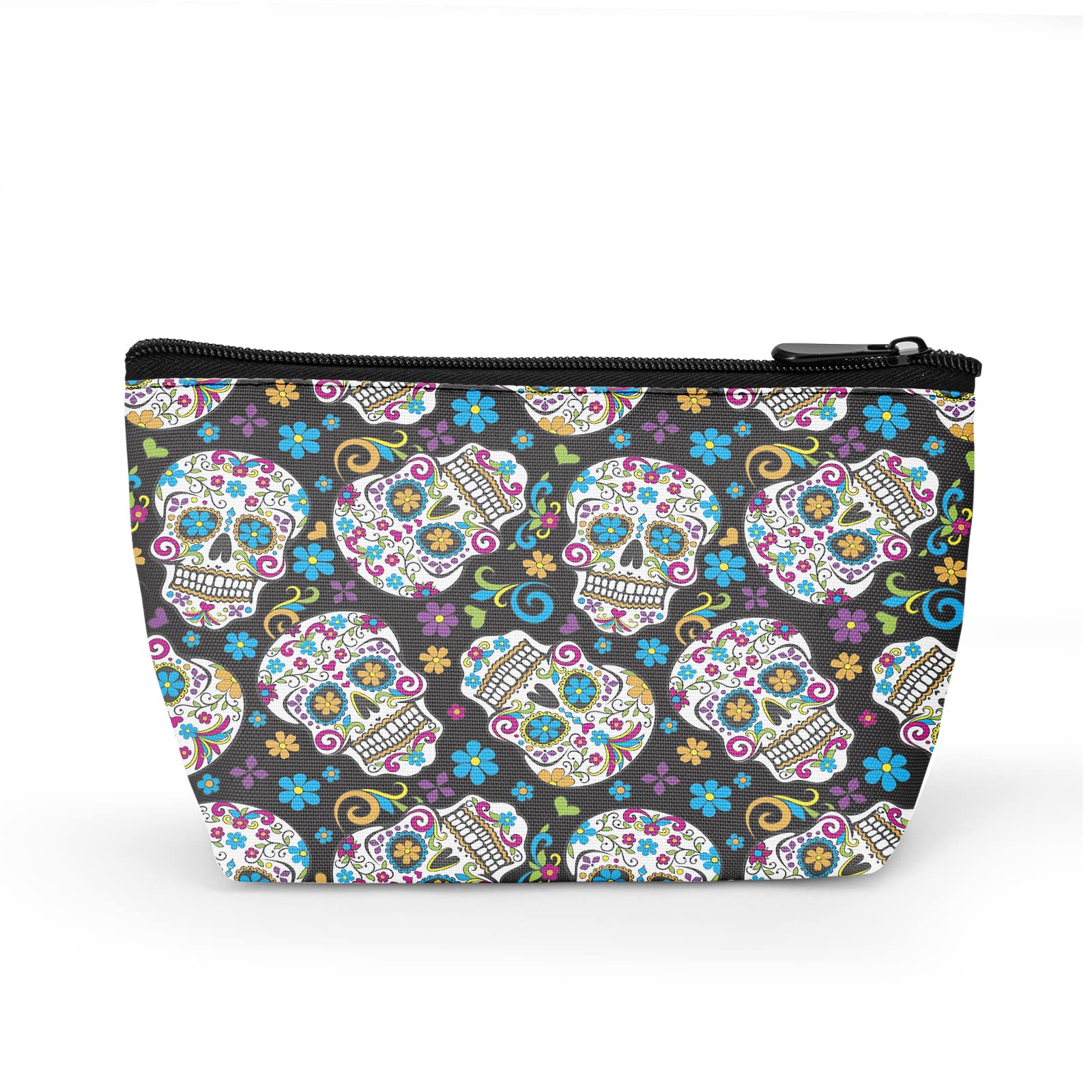 Halloween Sugar Skull Cosmetic Bag for Women - Small Purple Floral Makeup Pouch, Gothic Travel Toiletry Bag with Zipper, Perfect for Day of the Dead Gifts, Parties & Festival Accessories