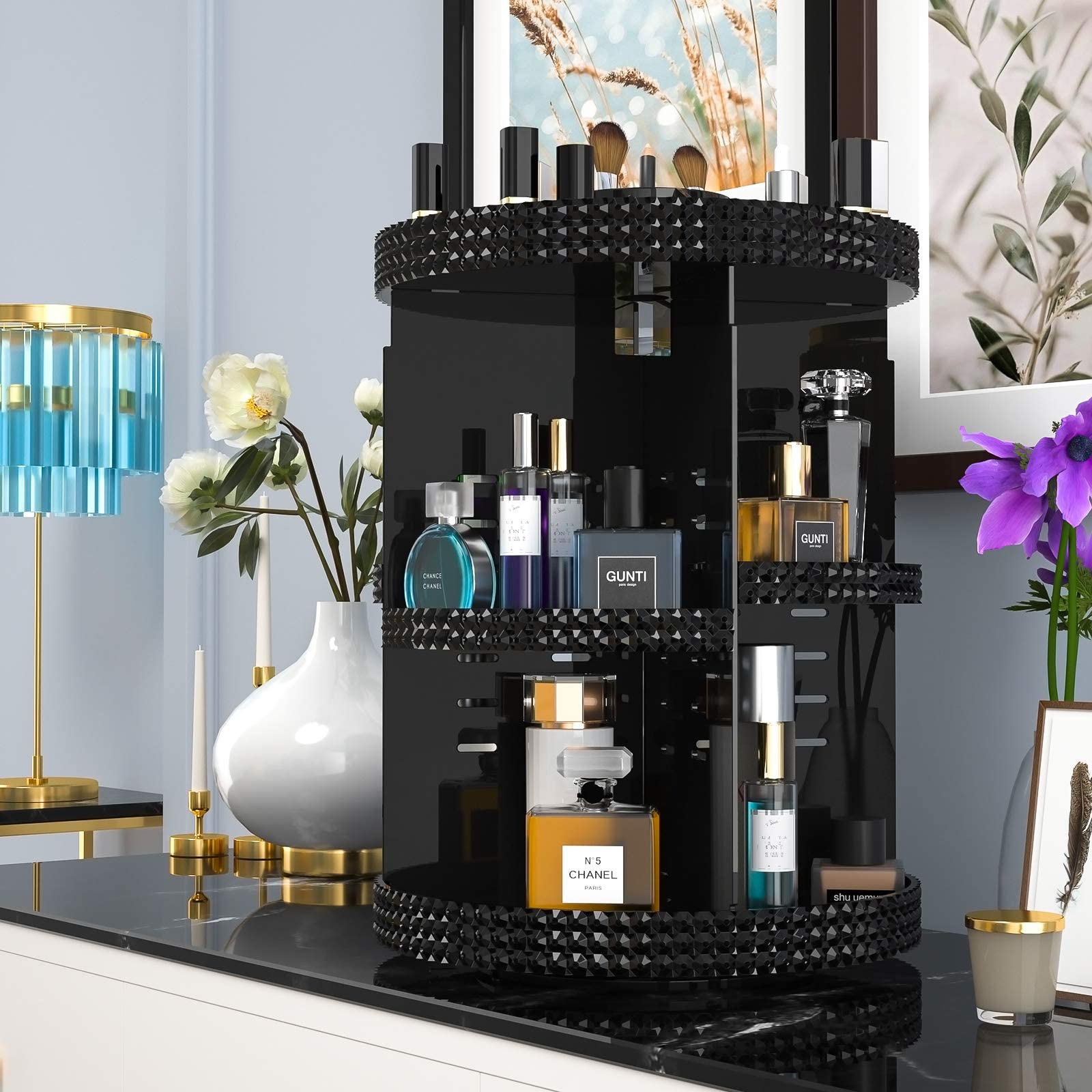 Awenia 360° Rotating Makeup Organizer with Drawer - Acrylic Cosmetic Storage Case for Brushes, Perfume & Jewelry Display (2 Styles, Black) - Perfect Vanity Organizer & Gift for Beauty Lovers | Ideal for Bedroom, Bathroom & Travel Makeup Storage