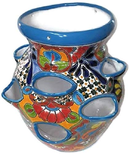 Large Light Blue Hand Painted Strawberry Planter - Glazed Ceramic Pot for Indoor & Outdoor Plants - Perfect for Patio, Garden, and Home Decor