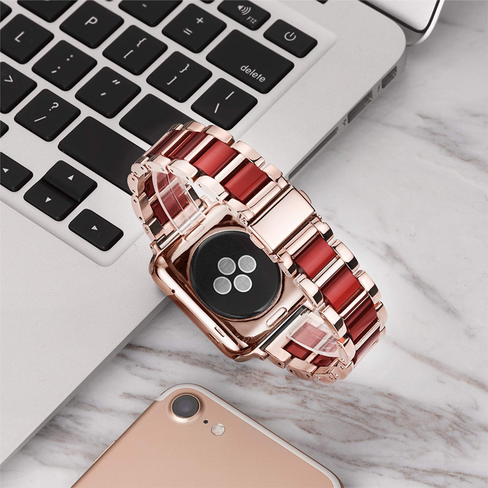 Luxury Resin & Stainless Steel Apple Watch Band for Women - Comfortable iWatch Strap Compatible with Series 9/8/7/SE/6/5/4/3/2/1 (Rose-Wine Red, 38mm/40mm/41mm) - Perfect for Workouts, Office & Everyday Fashion