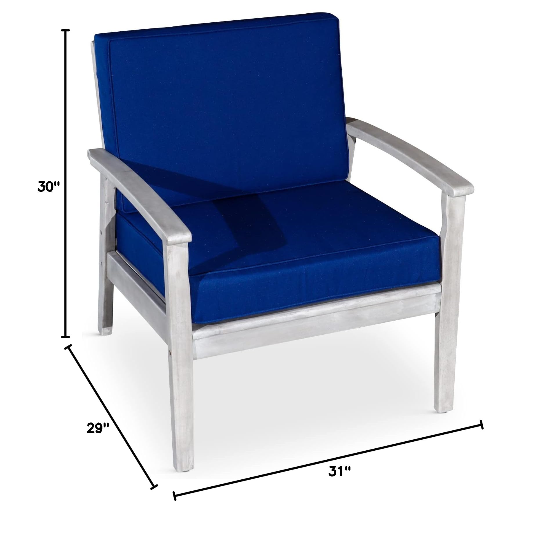DTY Outdoor Living Longs Peak Deep Seat Eucalyptus Chair - Weather-Resistant Silver Gray Finish with Navy Blue Cushions | Perfect for Patio, Garden, Poolside & Backyard Relaxation