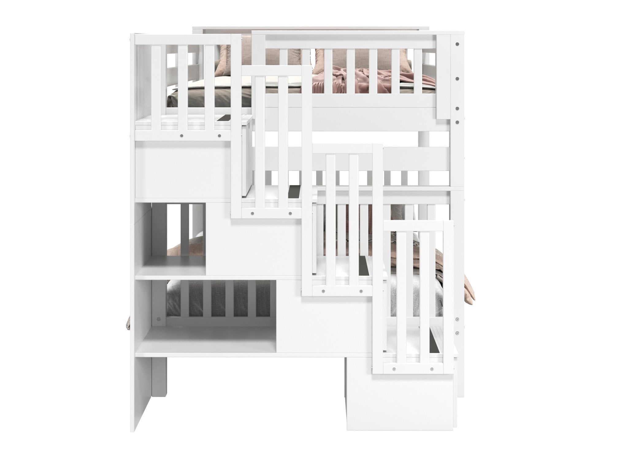 Full Over Full Bunk Bed with Staircase - White Wooden Twin Bunk Beds for Kids & Teens - Space Saving Bedroom Furniture for Small Rooms & Dormitories