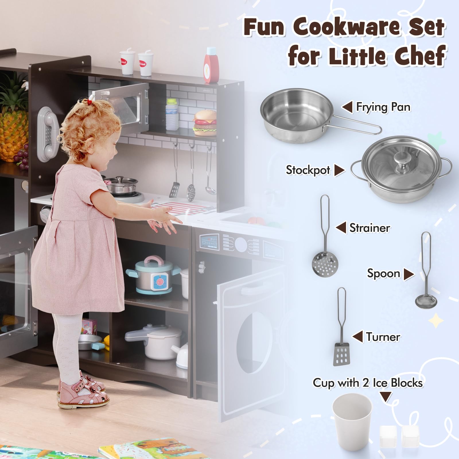 Costzon 2-Piece Wooden Play Kitchen Set with Washing Machine, Range Hood & Ice Maker - Interactive Kids Pretend Kitchen Toy with Sounds, Lights, Blackboard & Telephone - Ideal Gift for Toddlers Ages 3+ (Brown) - Perfect for Imaginative Play, Role-Playing & Early Learning at Home or Preschool