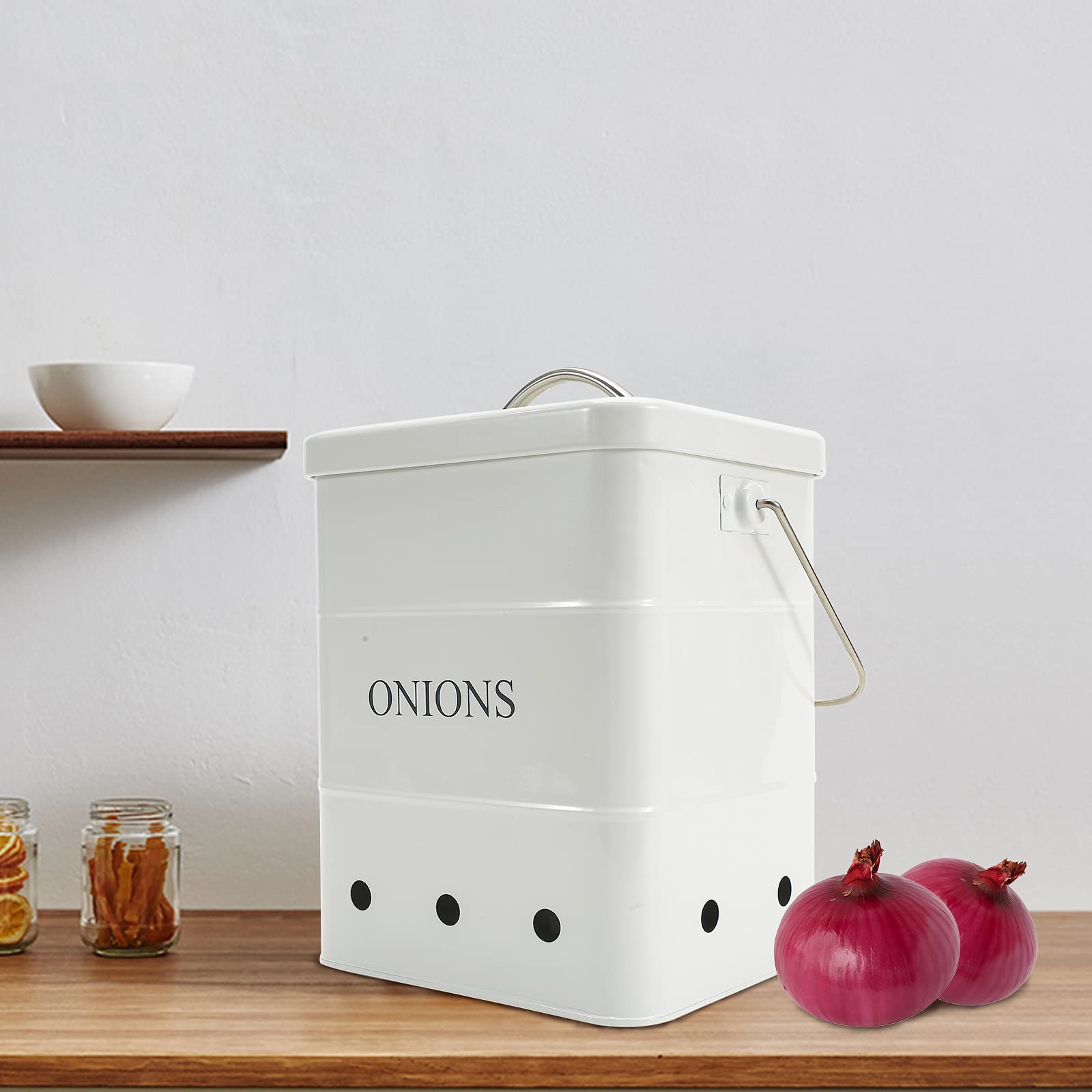 Metal Onion Storage Bin with Aerating Holes - Kitchen Pantry Organizer for Fresh Vegetables (White)