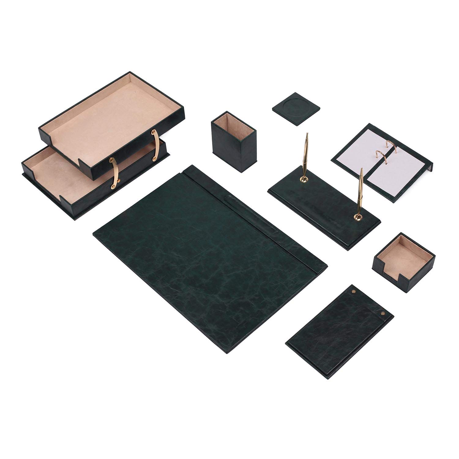 Premium 10-Piece Leather Desk Set with Double Document Tray - Elegant Green Office Organizer for Home & Workspace - Perfect for Professionals, Students & Remote Workers