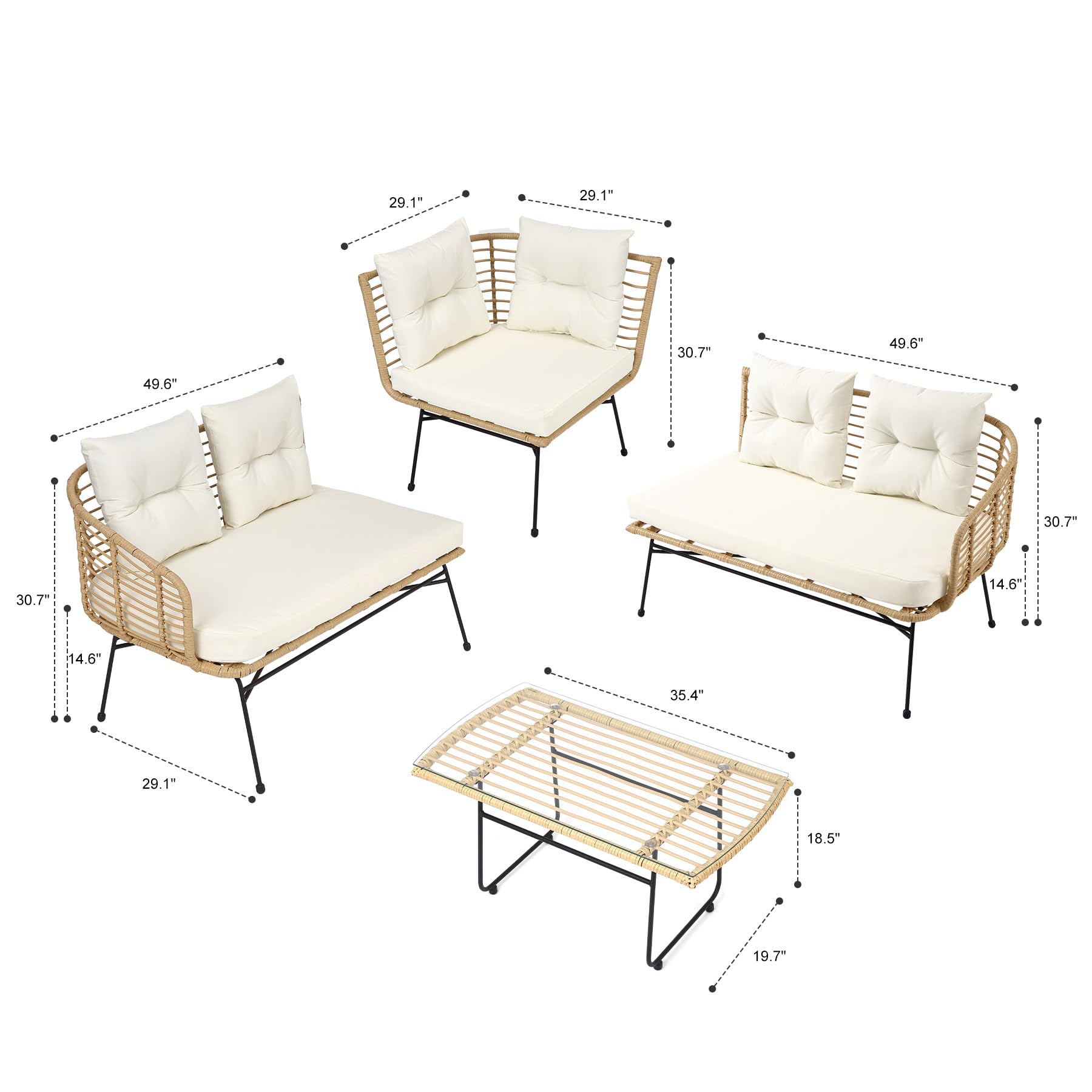 GARVEE 4-Piece Boho Outdoor Patio Furniture Set - L-Shaped Sectional Sofa with Thick Cushions & Tempered Glass Coffee Table - Perfect for Deck, Backyard, Porch & Garden Relaxation
