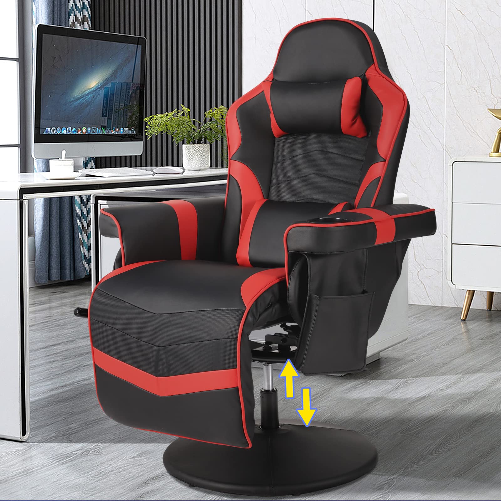 LVUYOYO Ergonomic Gaming Chair with Headrest & Lumbar Support - Reclining PU Leather High Back Swivel Office Computer Chair, Height Adjustable for Video Gamers (Black & Red) - Perfect for Esports, Streaming & Home Office Workspace