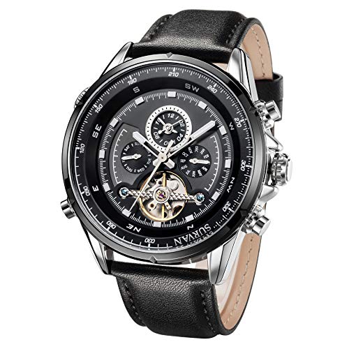 SURVAN Men's Automatic Skeleton Watch with Dual Time Zone - Genuine Leather Strap - Luxury Mechanical Watch for Business Travel & Formal Occasions