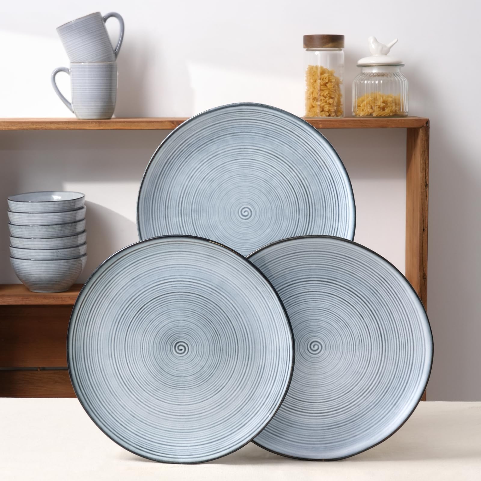 Famiware 12-Piece Stoneware Dinnerware Set for 4 - Pearl Blue Tempus Series | Reactive Glaze Plates & Bowls | Dishwasher & Microwave Safe | Perfect for Family Dinners, Entertaining Guests & Everyday Use