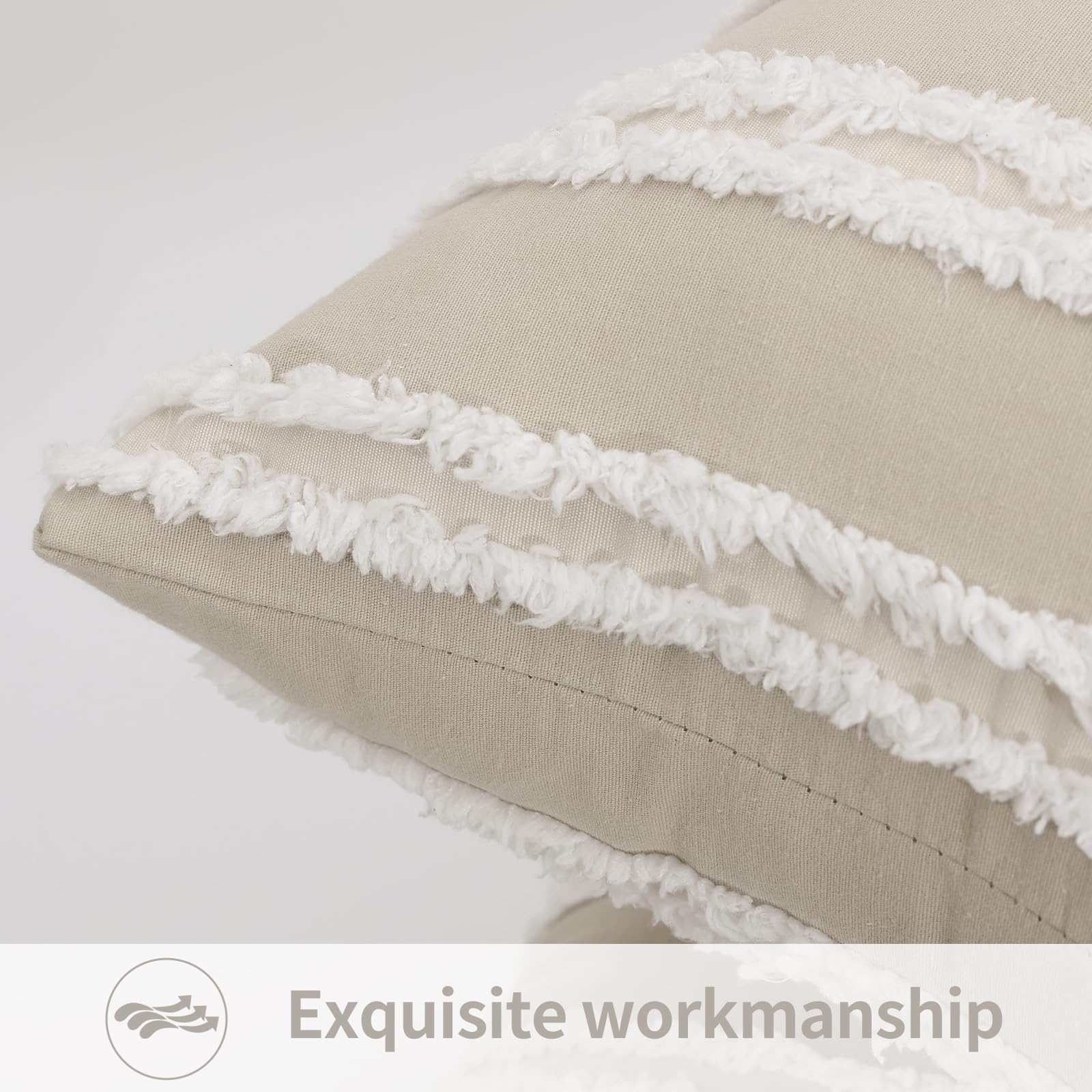 Pallene Boho Decorative Throw Pillow Covers 16x16 Set of 2 - Soft Cotton Linen Blend Cushion Covers for Sofa, Couch & Living Room in Khaki - Perfect for Home Decor, Cozy Reading Nook & Bohemian Style Bedroom