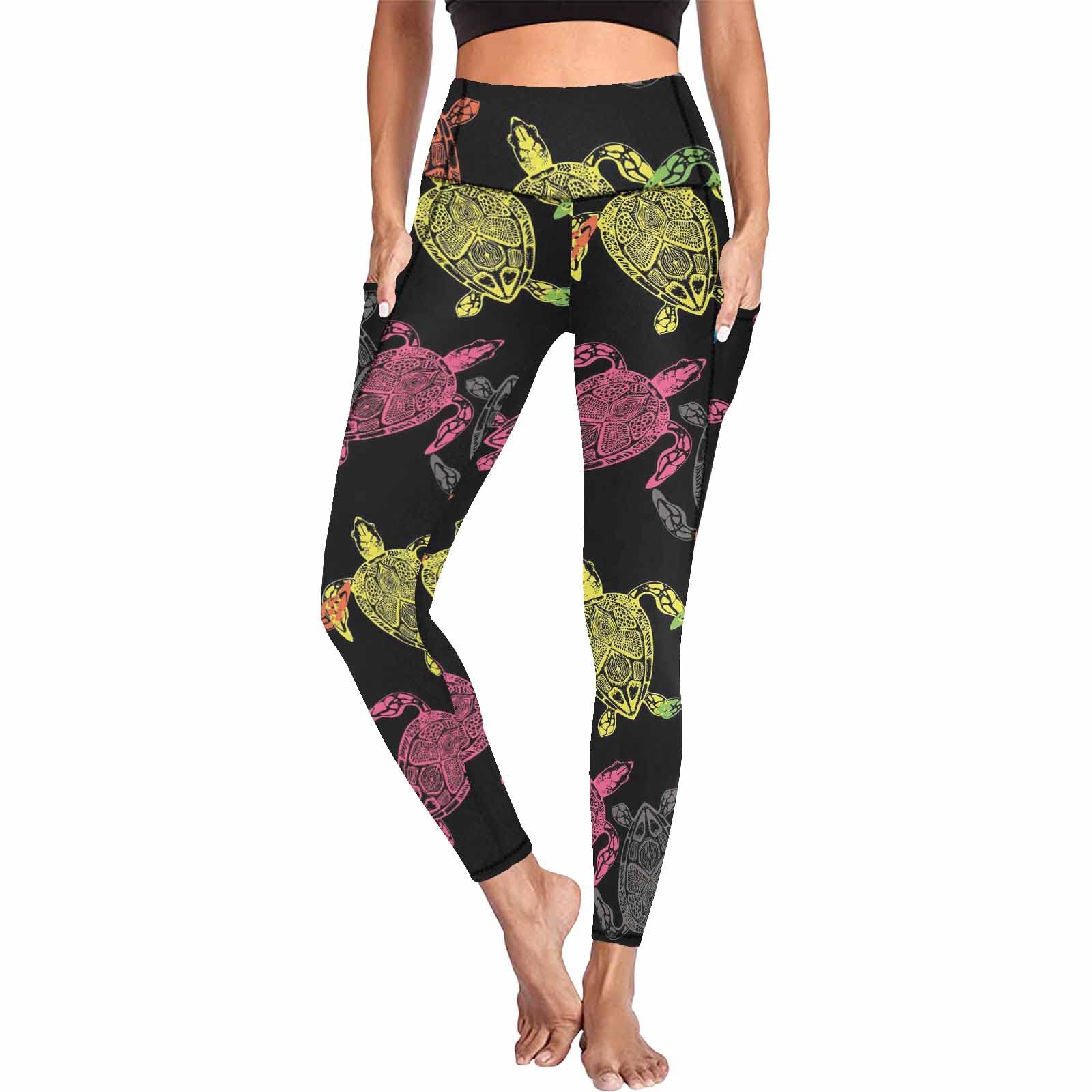 InterestPrint Colorful Sea Turtle Print Women's High-Waisted Yoga Leggings - Tummy Control Workout Pants for Running, Gym & Lounge