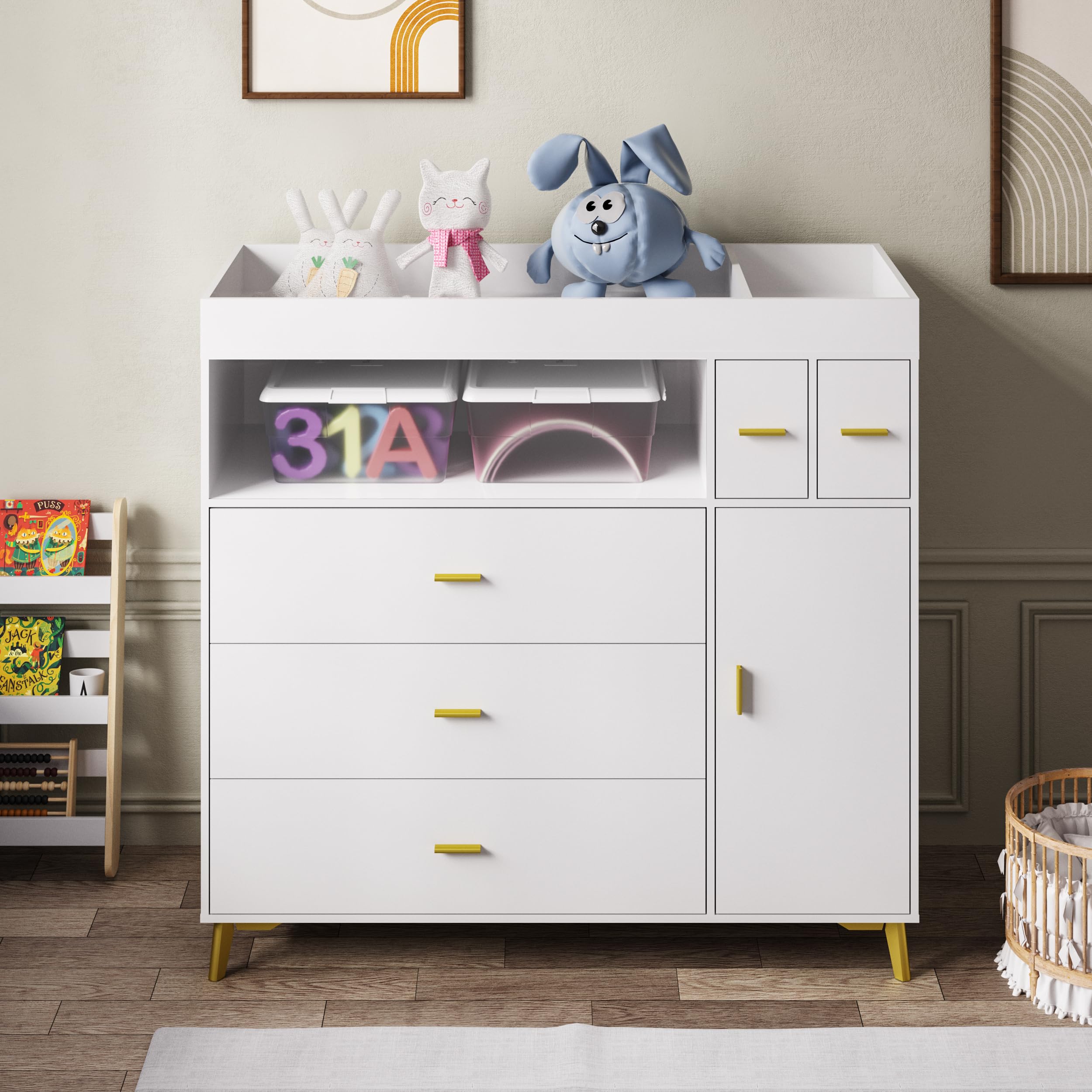 PAKASEPT Baby Changing Table with 5 Drawers & Storage Cabinet - Nursery Dresser for Diaper Changing Station - Perfect for Newborn Care & Toddler Organization