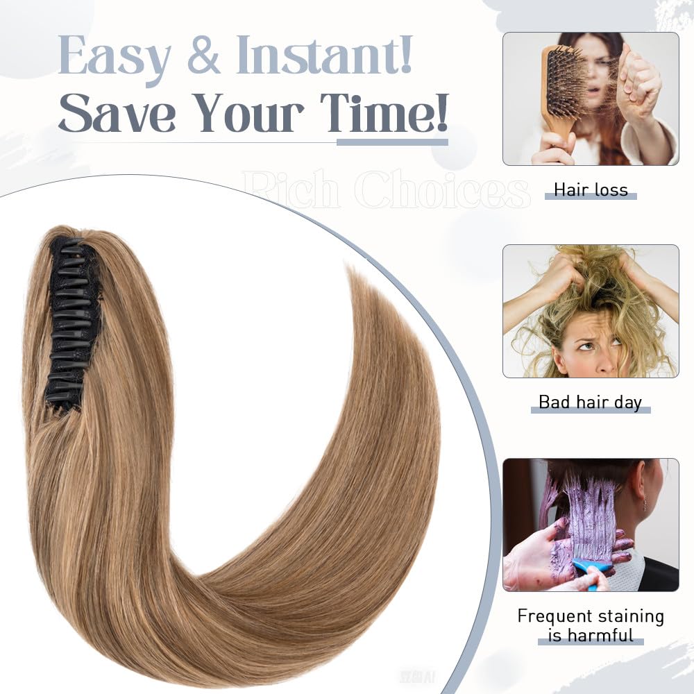 Rich Choices Clip-In Human Hair Ponytail Extension - 22 Inch Real Hair Ponytail with Balayage Medium Brown & Dark Blonde Highlights (120g) - Perfect for Women's Everyday Styling, Parties & Special Occasions