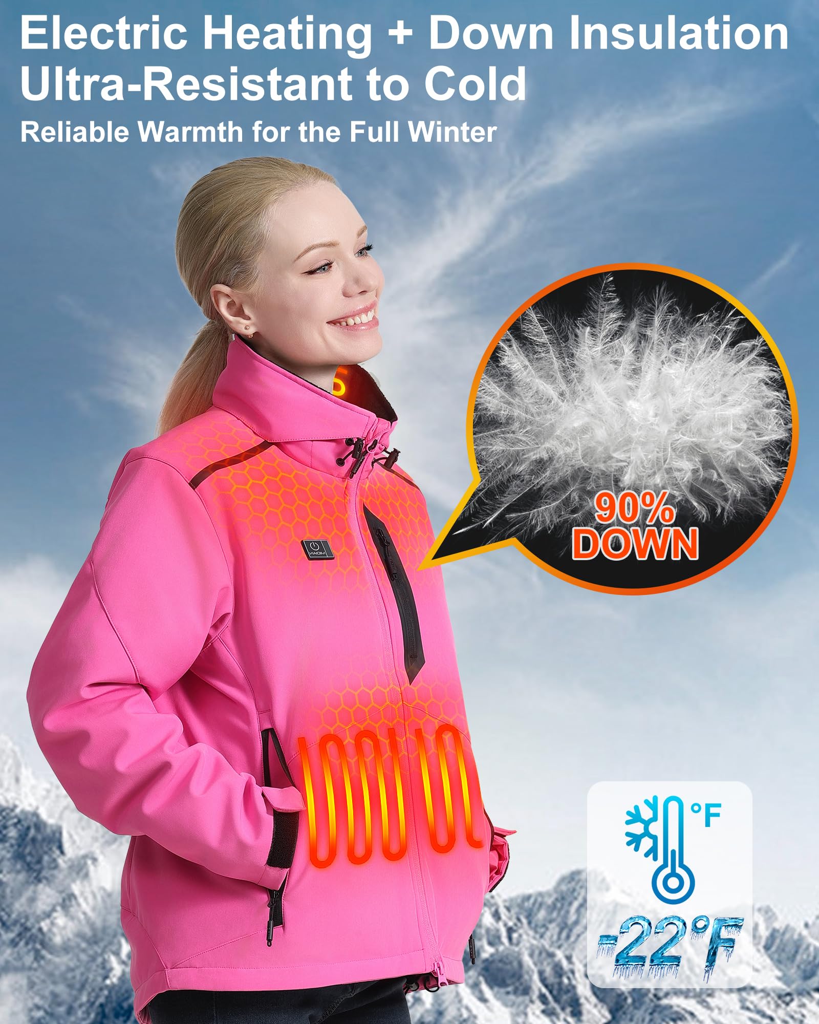 Women's Heated Jacket with 8 Heat Zones & Battery Pack - Soft Shell Down Insulated Winter Coat, Foldable Hood & Overheat Protection - Perfect for Outdoor Activities, Skiing, Hiking & Cold Weather Commutes
