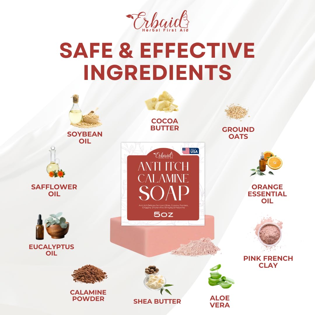 **Calamine Soap Bar – Natural Itch Relief for Insect Bites, Eczema, Poison Ivy & Chicken Pox – USA-Made 5oz Anti-Itch Body Wash – Soothes Dry & Irritated Skin – Perfect for Camping, Hiking & Outdoor Adventures**