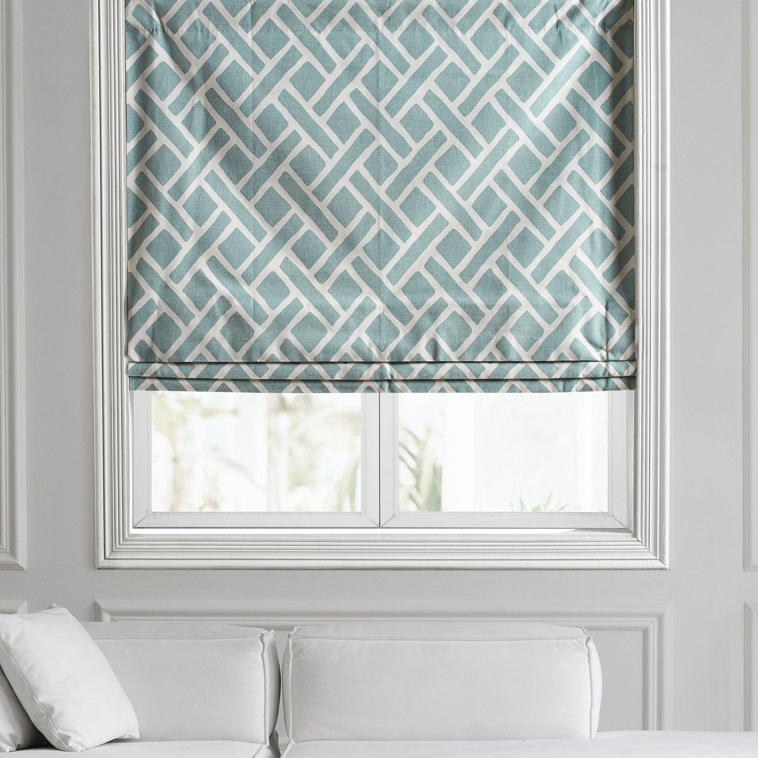 Martinique Aqua Geometric Printed Cotton Roman Shade - Stylish Window Treatment for Living Room, Bedroom & Office Decor