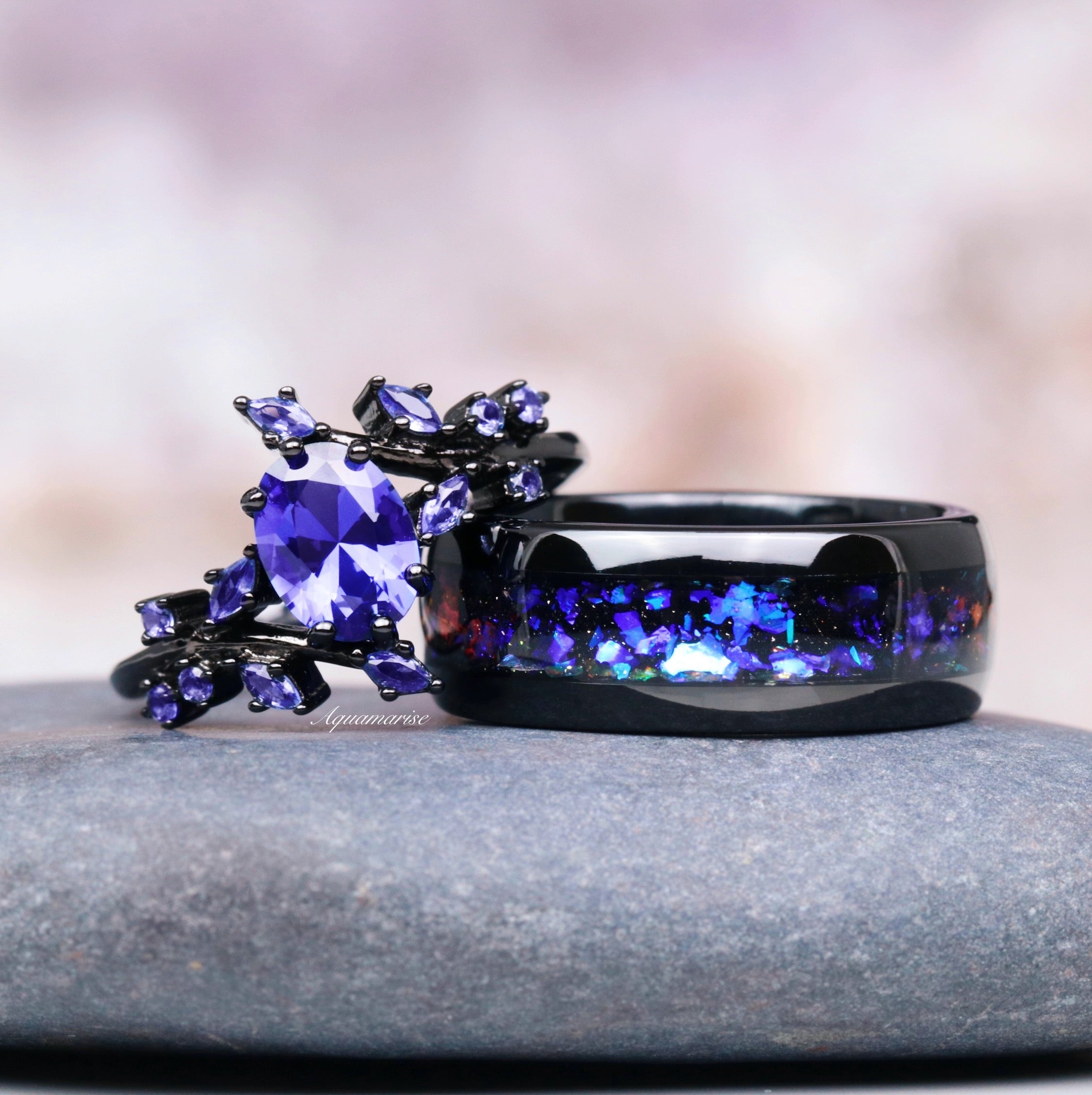Cornflower Sapphire & Orion Nebula™ Matching Couple Rings – Elegant Wedding Bands for Him & Her – Perfect for Anniversaries, Engagements and Romantic Gifts