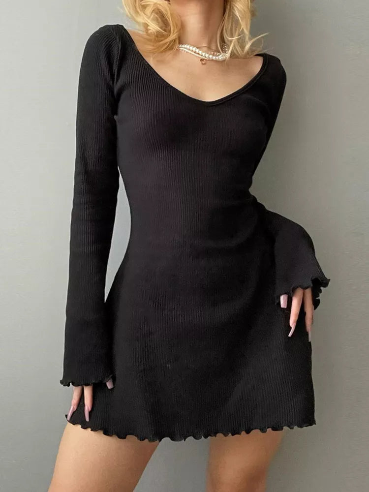 Elegant Backless Long Sleeve Mini Dress for Women - Korean Fashion Solid Bodycon Dress for Autumn - Perfect for Date Night, Party & Office Wear