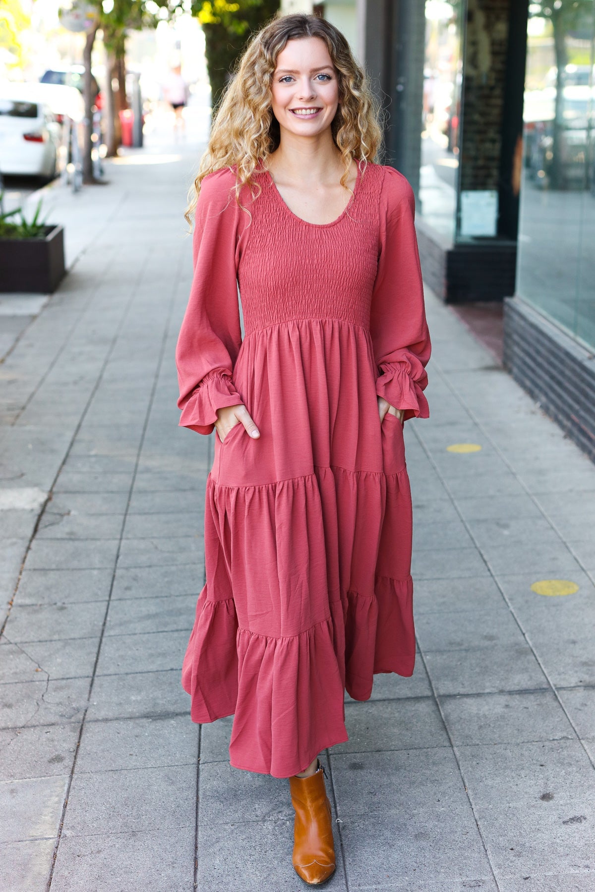 Beautiful You Lock Eyes Marsala Smocked Ruffle Sleeve Maxi Dress - Elegant Women's Long Dress for Weddings, Parties & Special Occasions