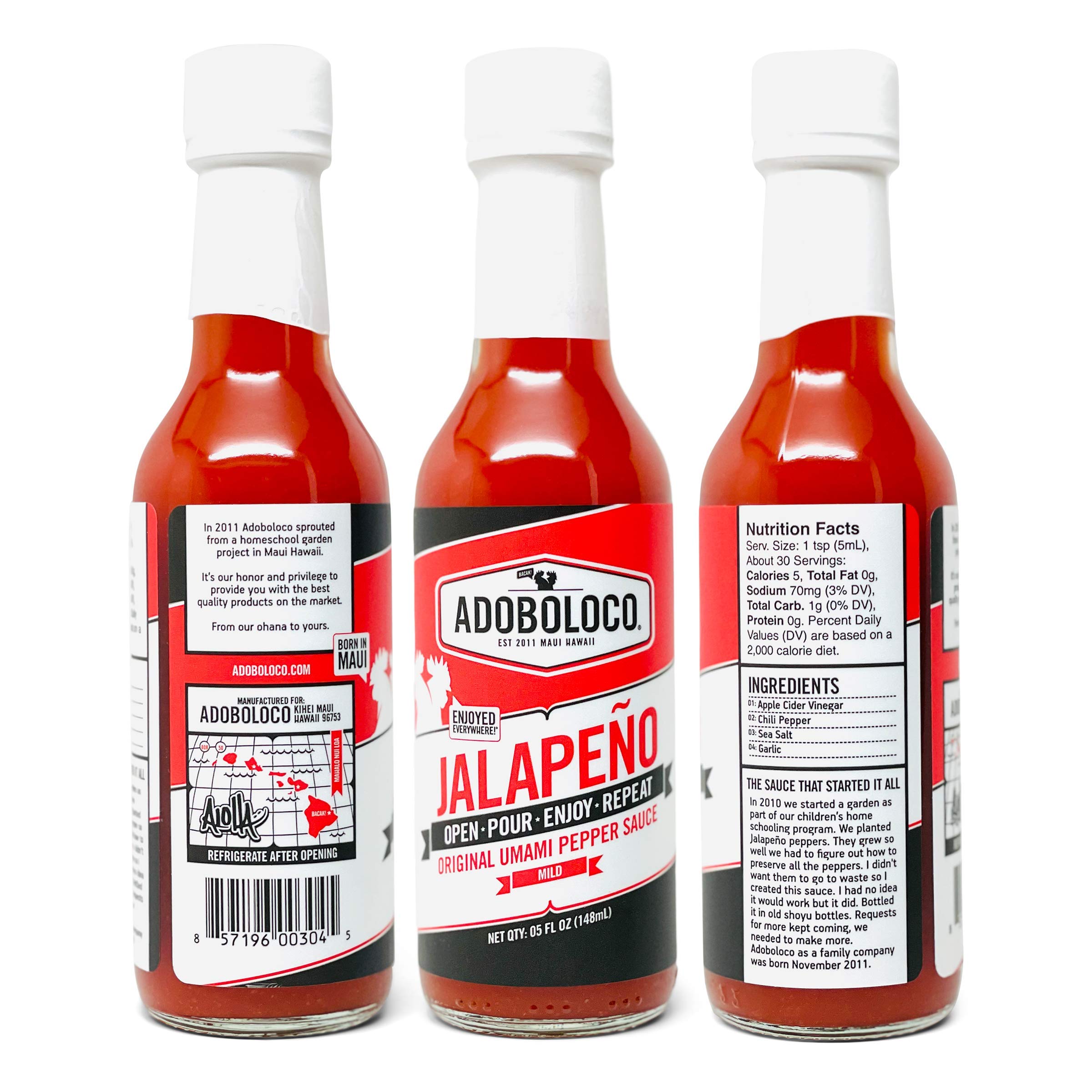 Adoboloco Hawaiian Jalapeno Hot Sauce - Mild Red Umami Flavor (3-Pack, 5oz Bottles) | Fiery Chili Pepper Sauce for Cooking, Sauteing, Salad Dressing & Condiment | Perfect for Tacos, Wings & BBQ