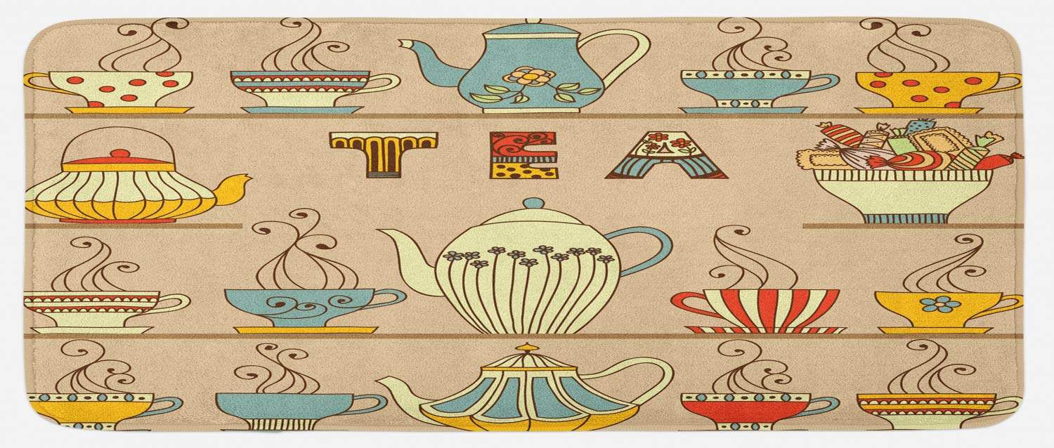Ambesonne Non-Slip Plush Kitchen Mat - Vintage British Tea Set Design, 47