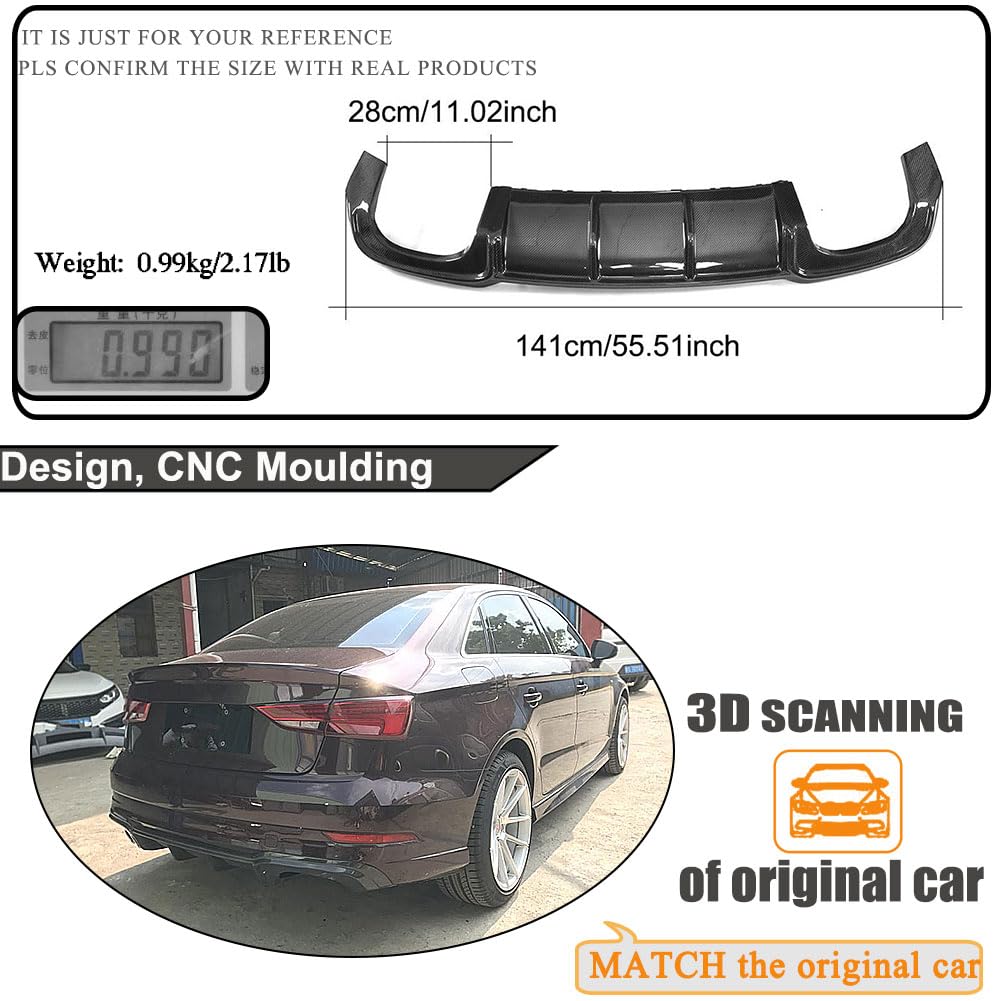 Carbon Fiber Rear Diffuser for Audi A3 S-Line & S3 Sedan 2017-2018 | Lower Bumper Lip Spoiler Body Kit | Enhances Aerodynamics & Sporty Look | Perfect for Car Enthusiasts & Performance Upgrades