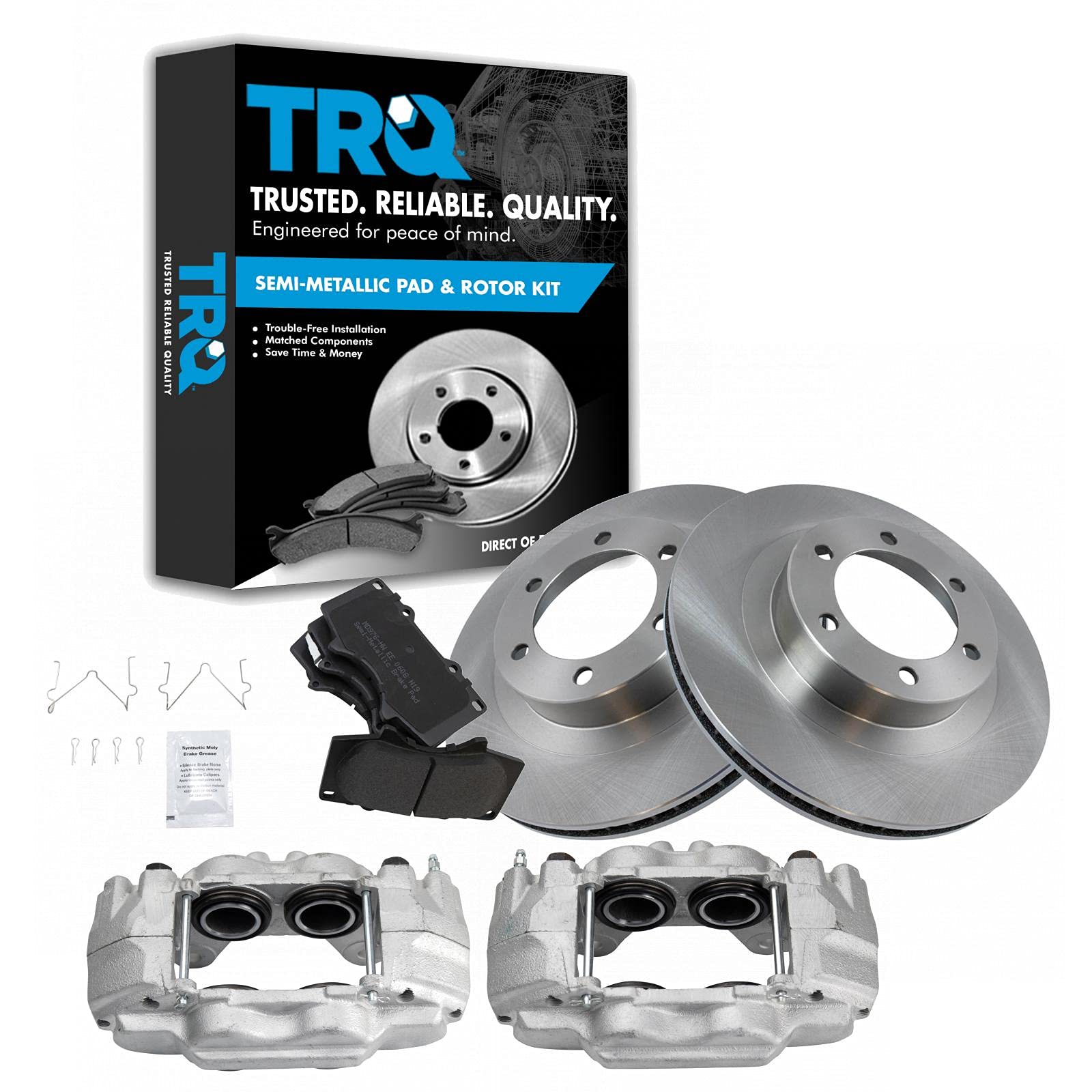 TRQ Front Brake Pad and Rotor Kit - Semi-Metallic Vented Brake Pads & Rotors - Compatible with 2003-2009 Lexus GX470 & Toyota 4Runner - Perfect for Off-Roading, Daily Commuting, and Heavy-Duty Performance