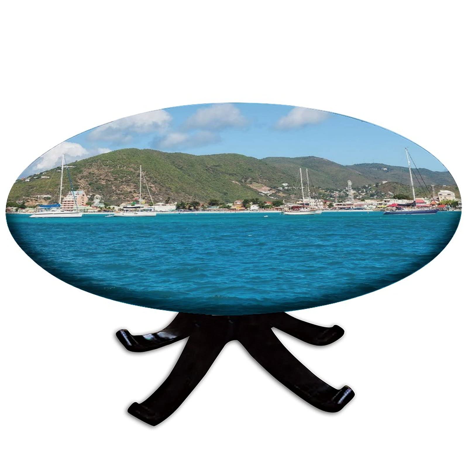 36 Inch Round Dutch Tablecloth - Panoramic View of Sint Maarten Island Coast Print, Sea Blue Multicolor, Waterproof & Wipeable - Perfect for Dining, Parties, Weddings & Outdoor Events
