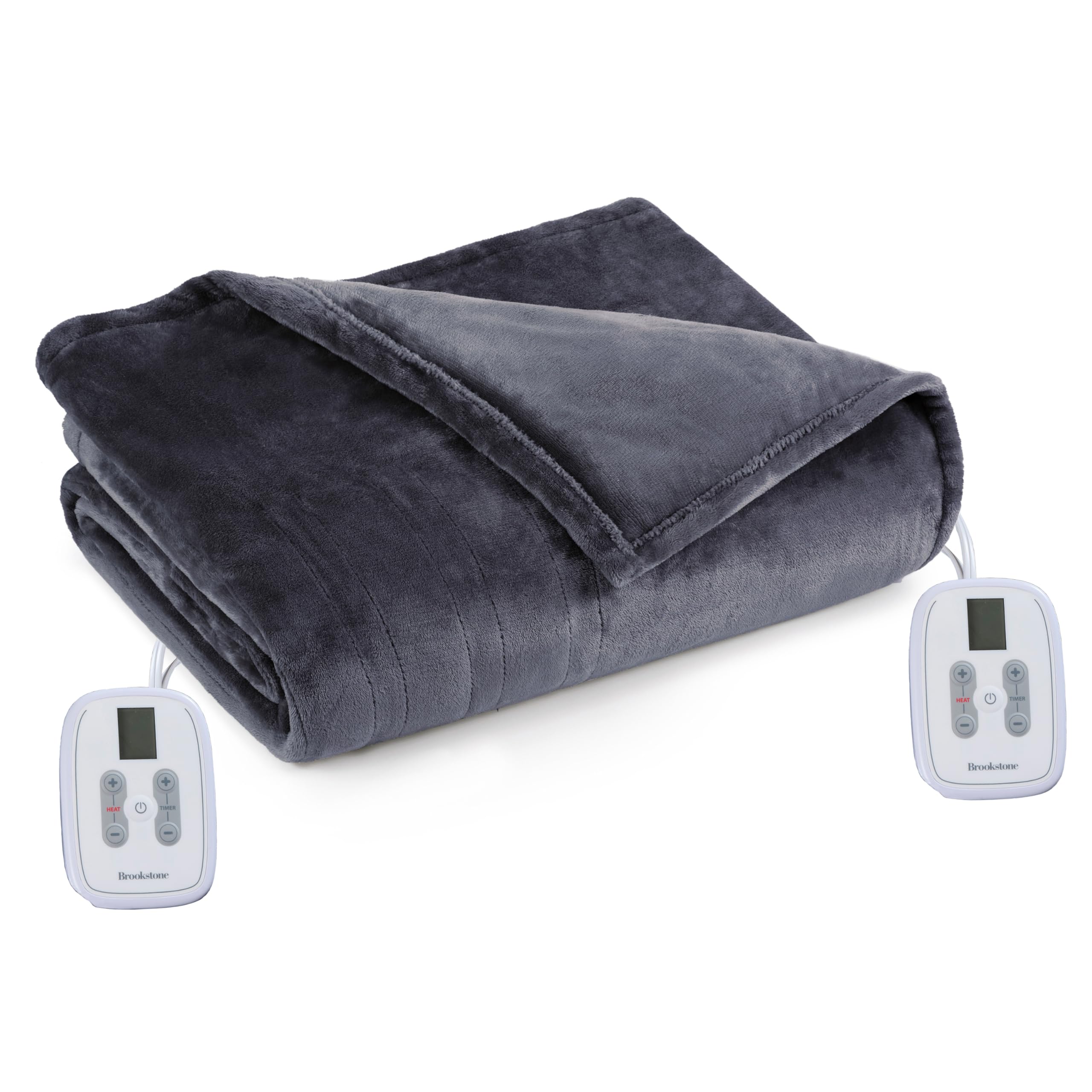 Brookstone Electric Heated Plush Blanket - 10 Adjustable Heat Settings & Timer, 12-Hour Auto Shut Off - Machine Washable Queen Size (84x90 inches) - Soft Polyester Velvet Throw Blanket in Gray - Perfect for Bed, Couch & Winter Warmth