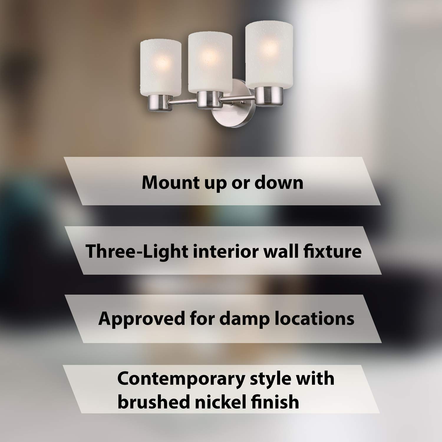 Modern 3-Light Bathroom Vanity Light Fixture - Brushed Nickel Finish with Frosted Seeded Glass - Wall Sconce Lighting for Bathroom, Bedroom & Dressing Room - Perfect for Vanity Mirror Illumination and Ambient Lighting