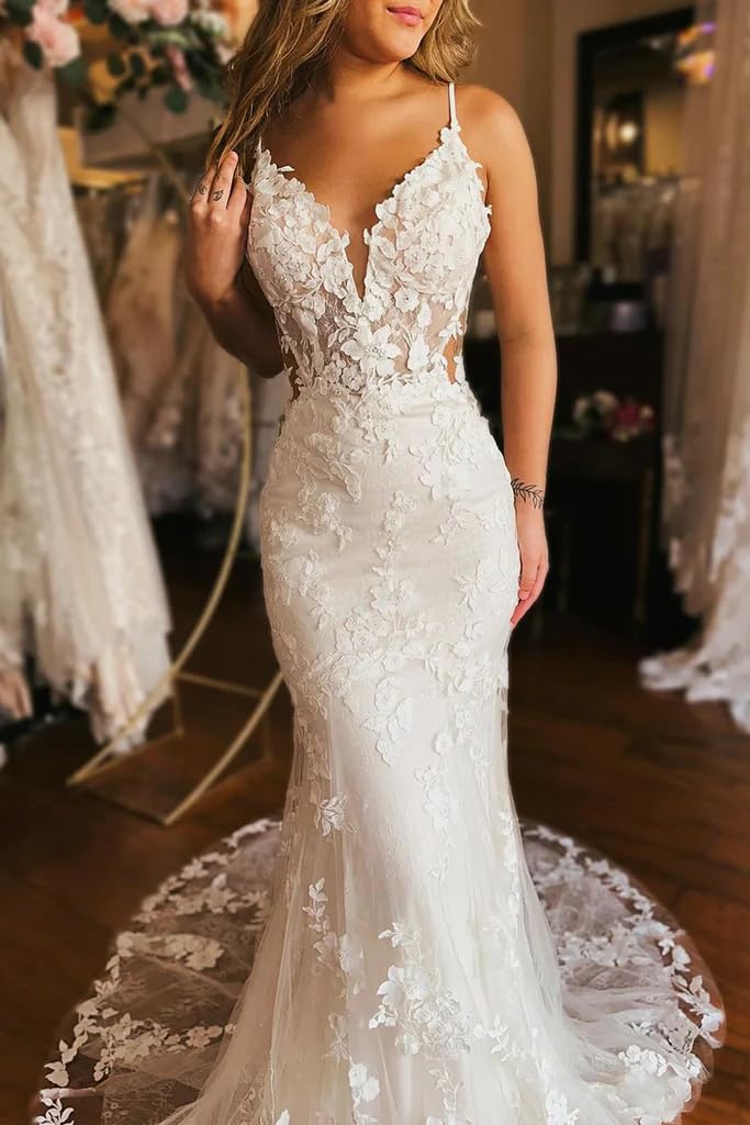 Elegant Tulle Wedding Dress with Applique - Spaghetti Strap Mermaid Bridal Gown V-Neck Formal Gown for Bride | Perfect for Beach Weddings, Church Ceremonies, and Romantic Photoshoots