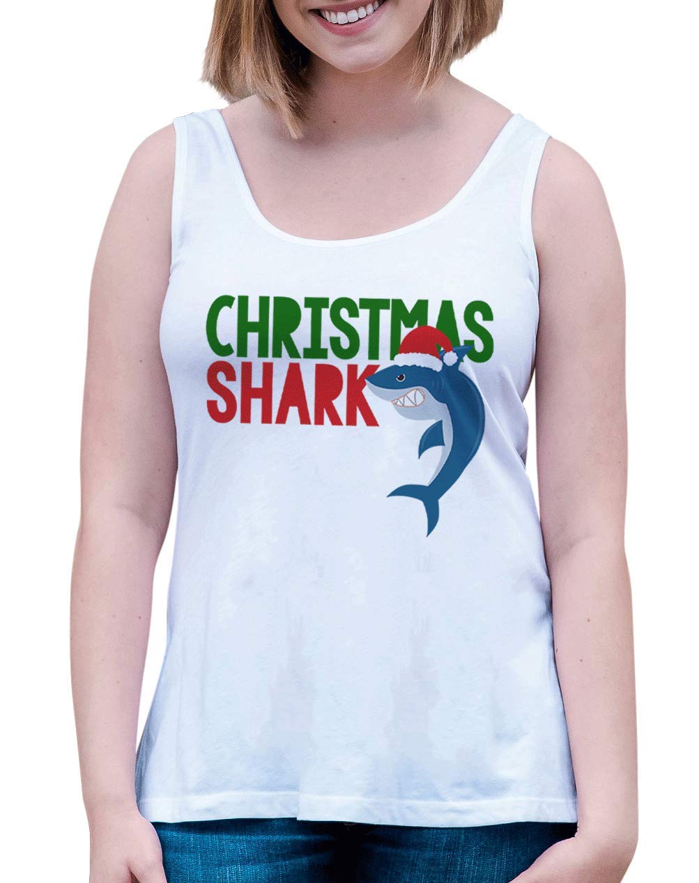 7 ate 9 Apparel Women's Shark Print Christmas Tank Top - White Holiday Party Top for Festive Outfits & Casual Wear