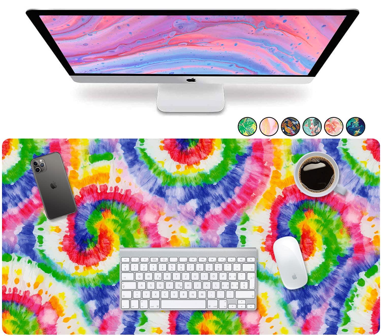 French Koko Extra Large Mouse Pad & Desk Mat - Rainbow Tie Dye Keyboard Pad for Home Office, School, College | Cute Computer Accessories for Women, Men, Students | XL Desk Protector for Gaming, Work, Study (30