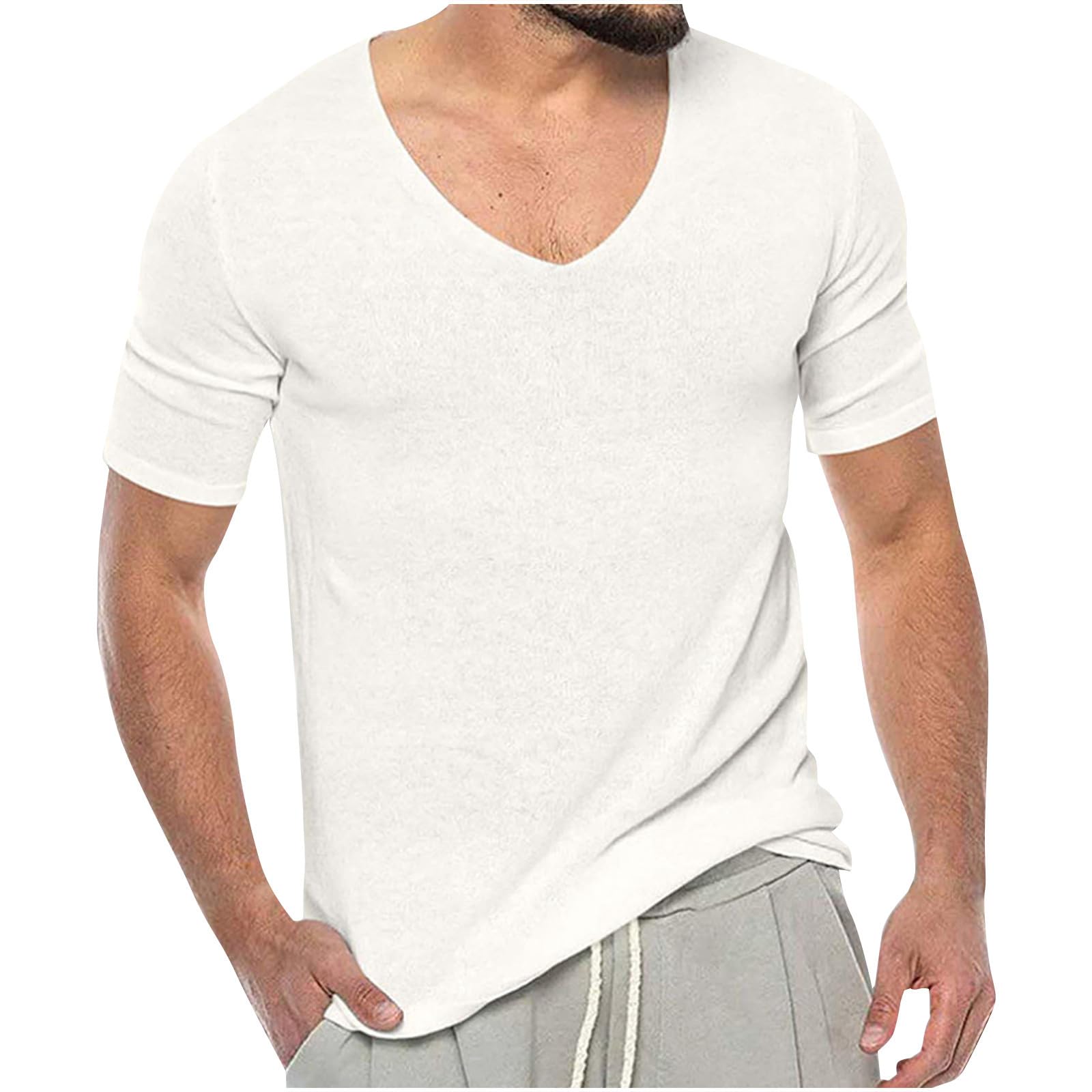 **Men's V-Neck Short Sleeve T-Shirts - Summer Casual Tee for Beach, Travel & Everyday Wear - Comfortable Cotton Blouse Tops for Dads & Guys**    *Perfect for outdoor activities, vacations, or casual outings with friends and family.*