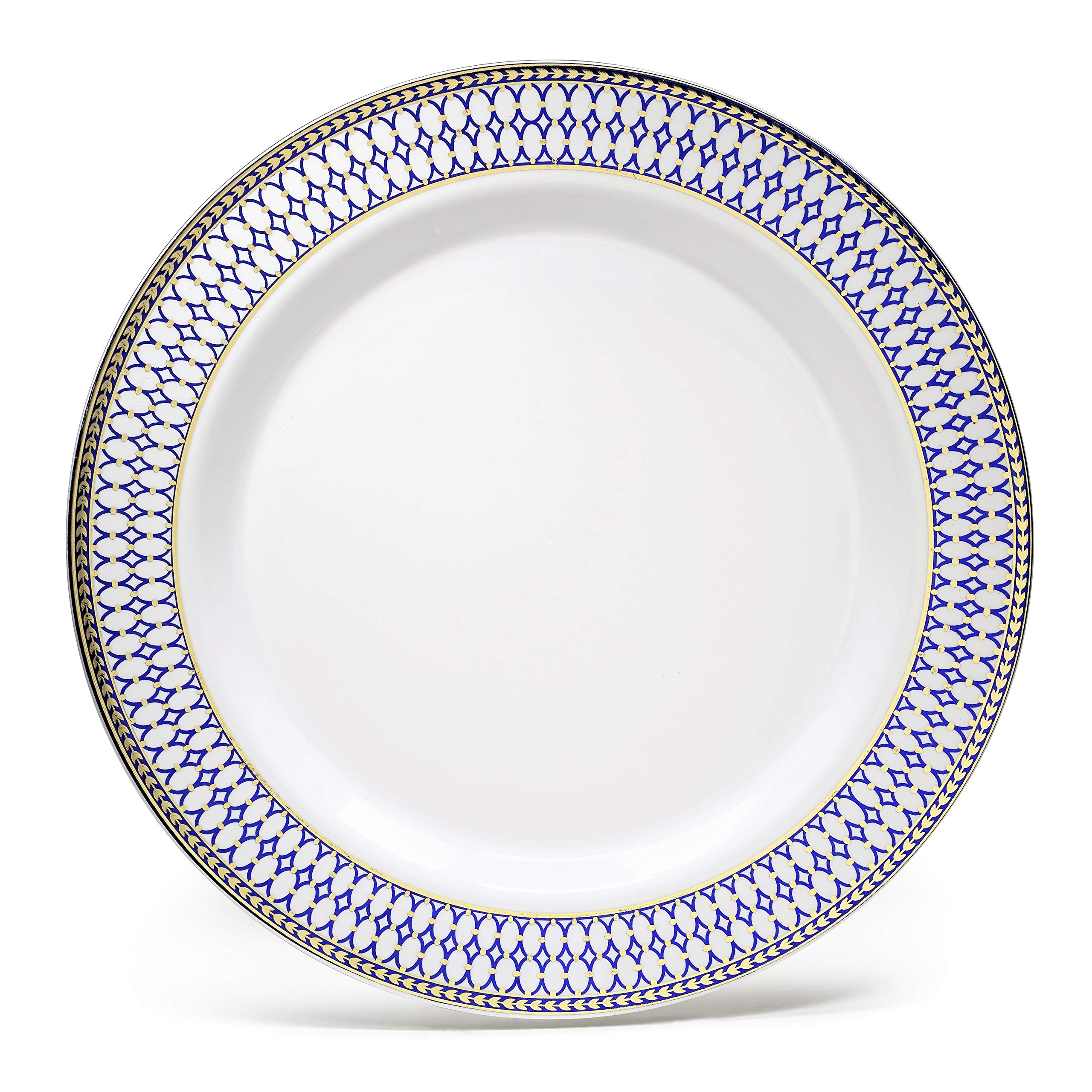 60 Heavyweight Disposable Plastic Plates (7.5'') - Elegant White/Blue & Gold Wedding Party Appetizer Dessert Plates for Special Occasions, Events & Celebrations