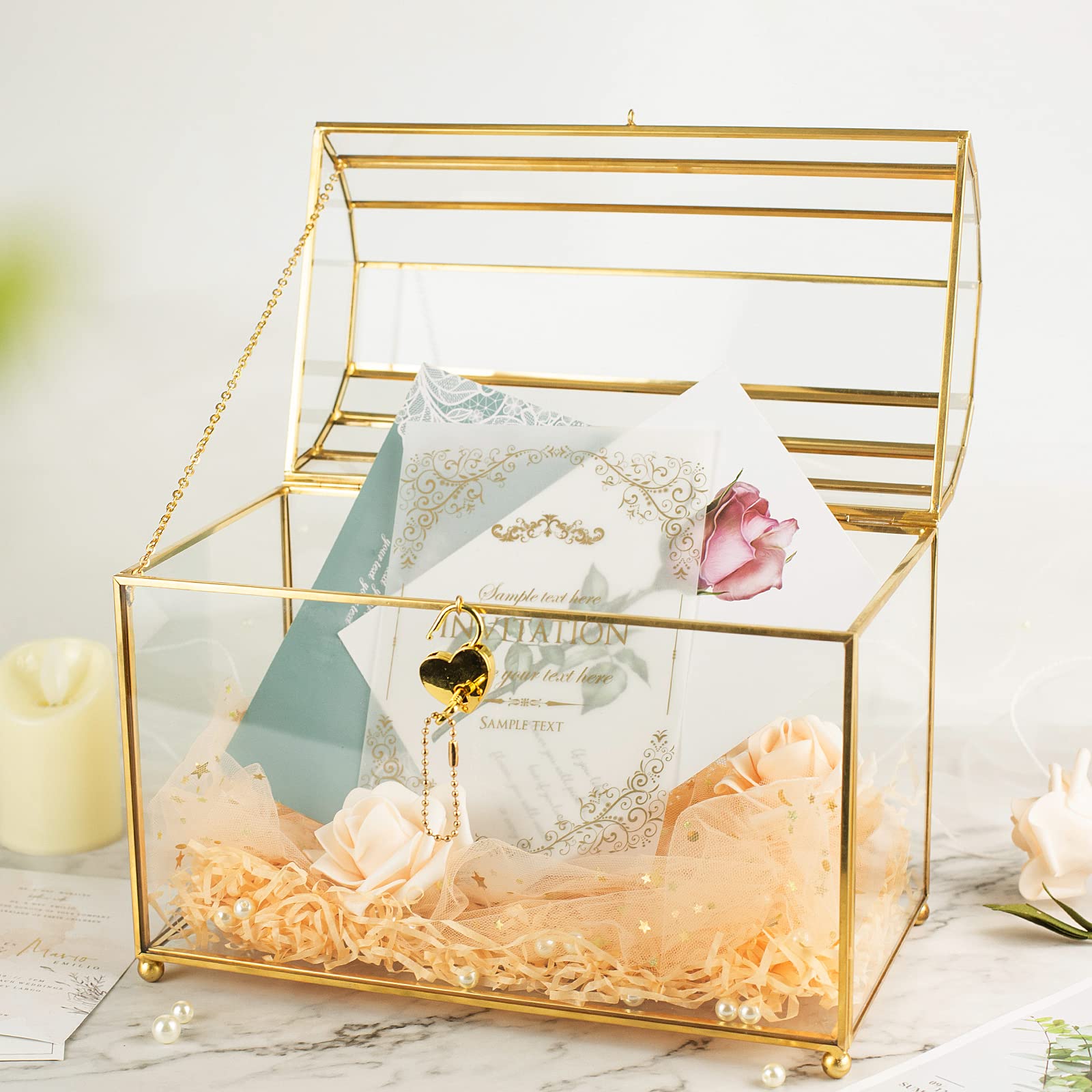 Elegant Gold Wedding Glass Card Box with Secure Heart Lock - Large Clear Card Holder for Wedding Reception, Bridal Shower, Anniversary - Handmade Brass & Glass Display Box Perfect for Wedding Centerpiece & Gift Collection - Ideal for Wedding Decor, Bridal Party, and Special Events