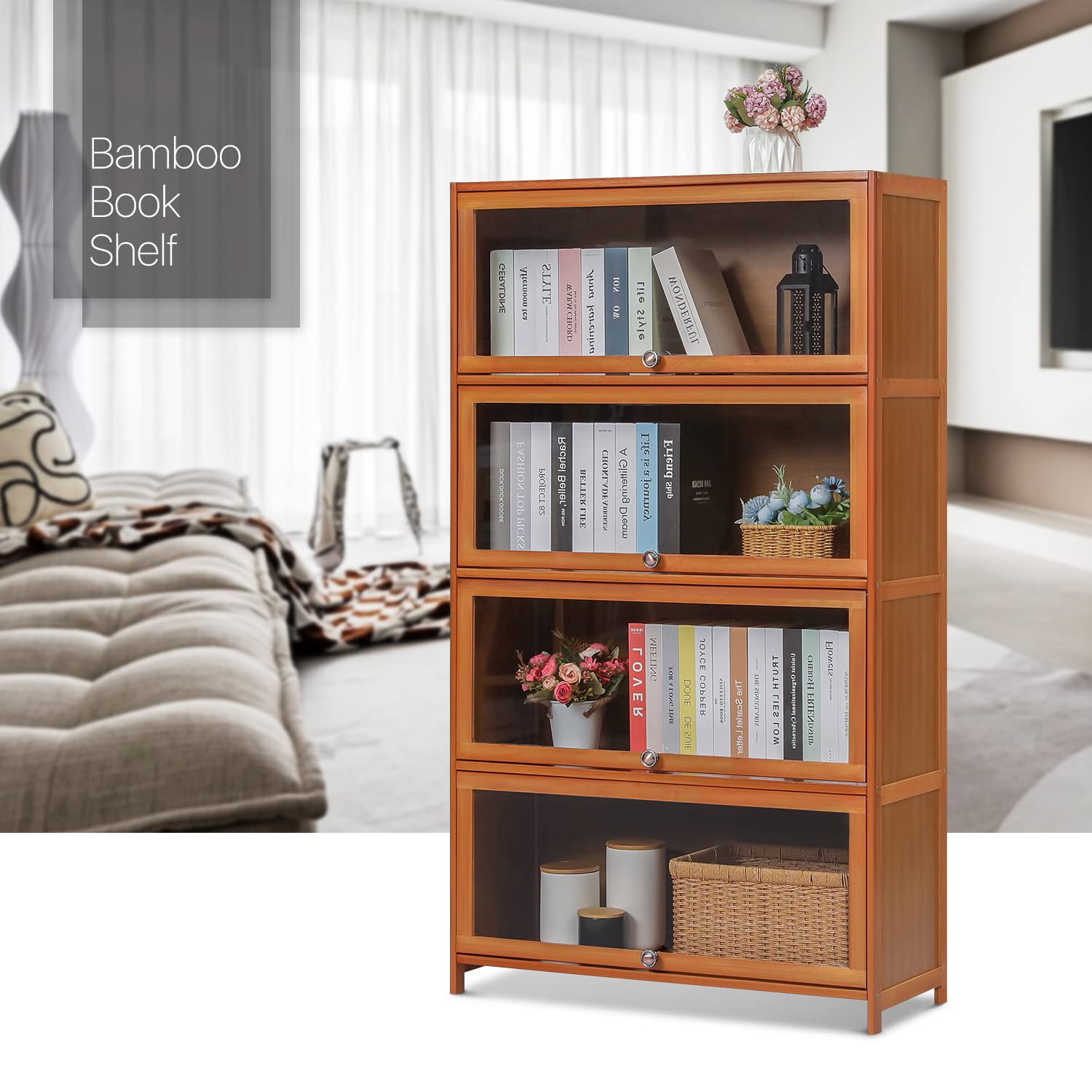 MoNiBloom 4-Tier Acrylic Door Bamboo Bookcase - Space-Saving Display Shelf & Organizer for Kids, Students, Bedroom, Home & Office (Brown) | Perfect for Storing Books, Toys, Decor & Office Supplies