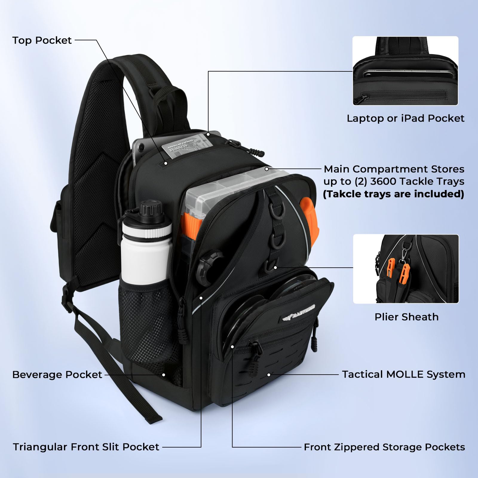 KastKing Karryall Fishing Sling Tackle Bag with 2 Tackle Trays - Waterproof Tactical Fishing Gear Storage Organizer for Bass, Trout & Saltwater Fishing - Perfect for Boat, Shore & Kayak Anglers